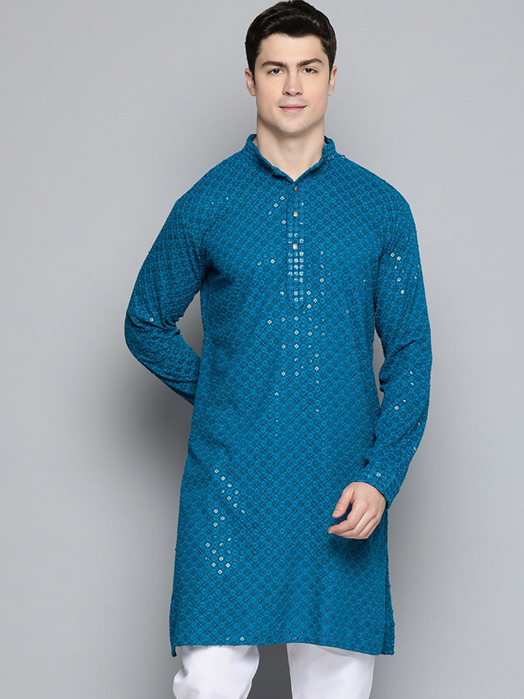 

Jompers Ethnic Motifs Embroidered Sequined Pure Cotton Kurta, Navy blue