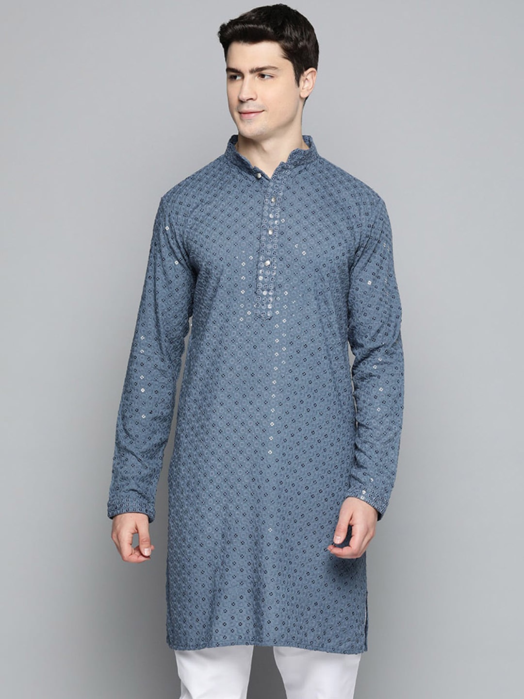 

Jompers Embellished Mandarin Collar Sequinned Pure Cotton Kurta, Grey