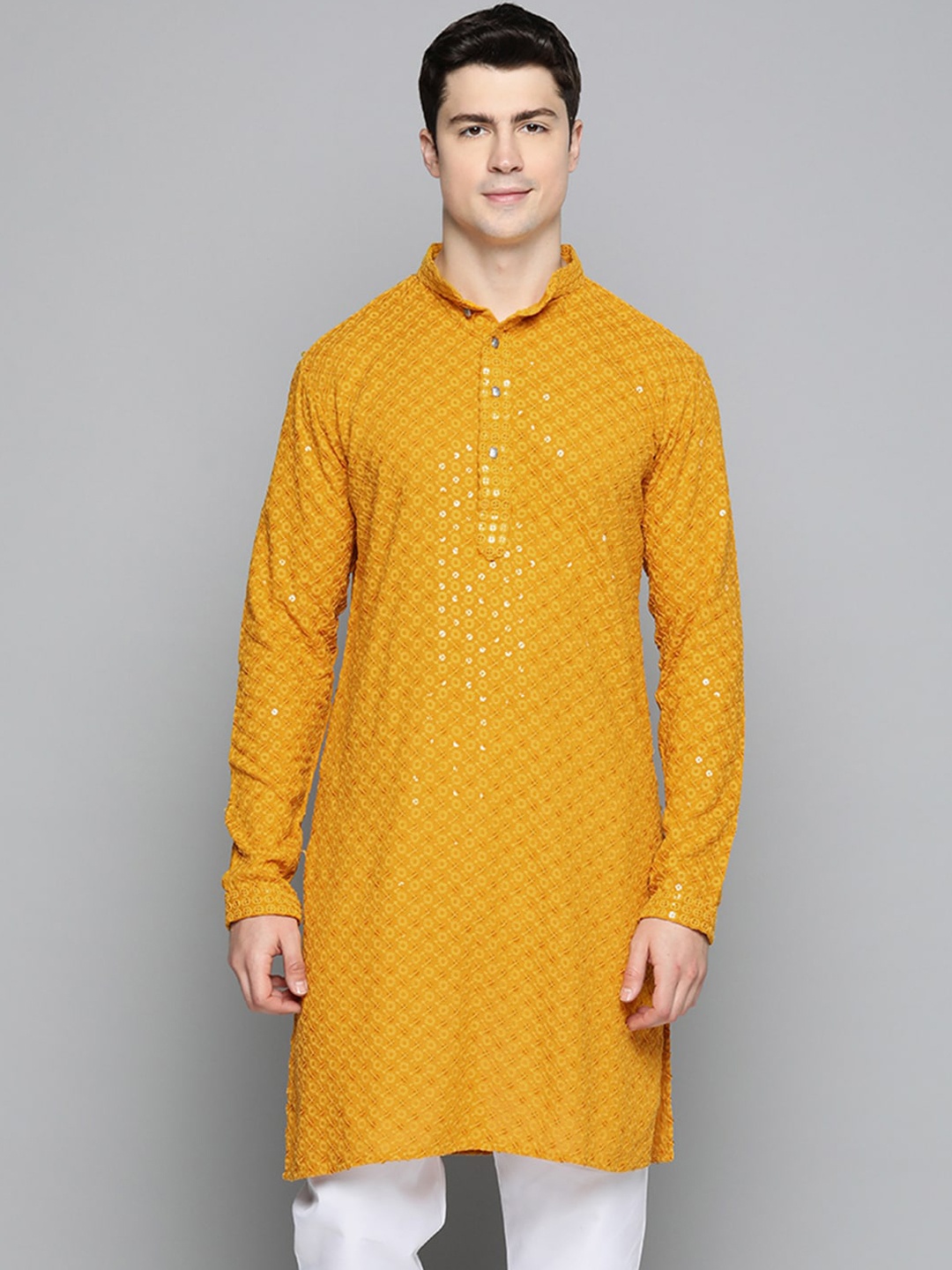 

Jompers Ethnic Motifs Embroidered Sequined Pure Cotton Kurta, Mustard