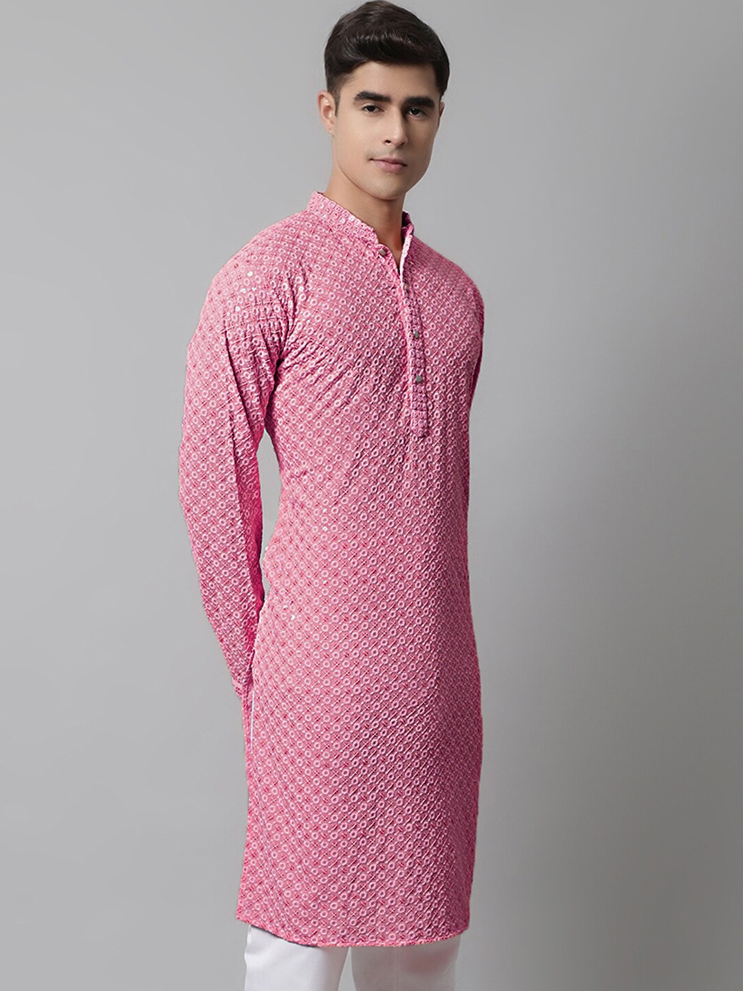 

Jompers Mandarin Collar Sequined Chikankari Straight Pure Cotton Kurta, Pink