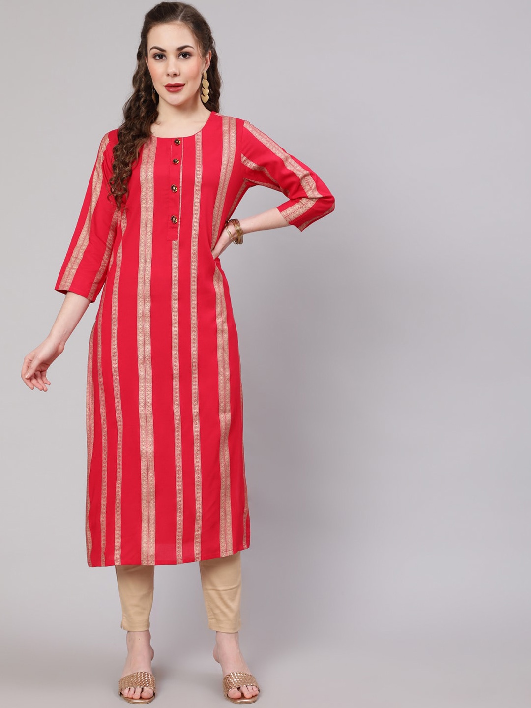 

Spera Foil Striped Straight Kurta, Red