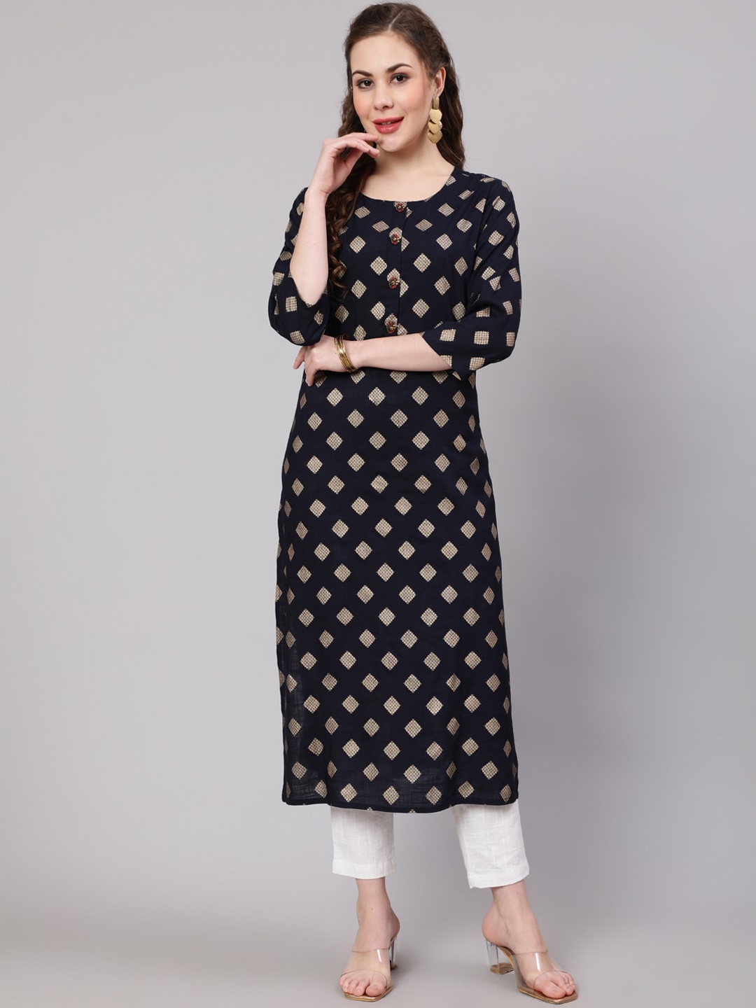 

Spera Ethnic Motifs Foil Printed Straight Kurta, Navy blue