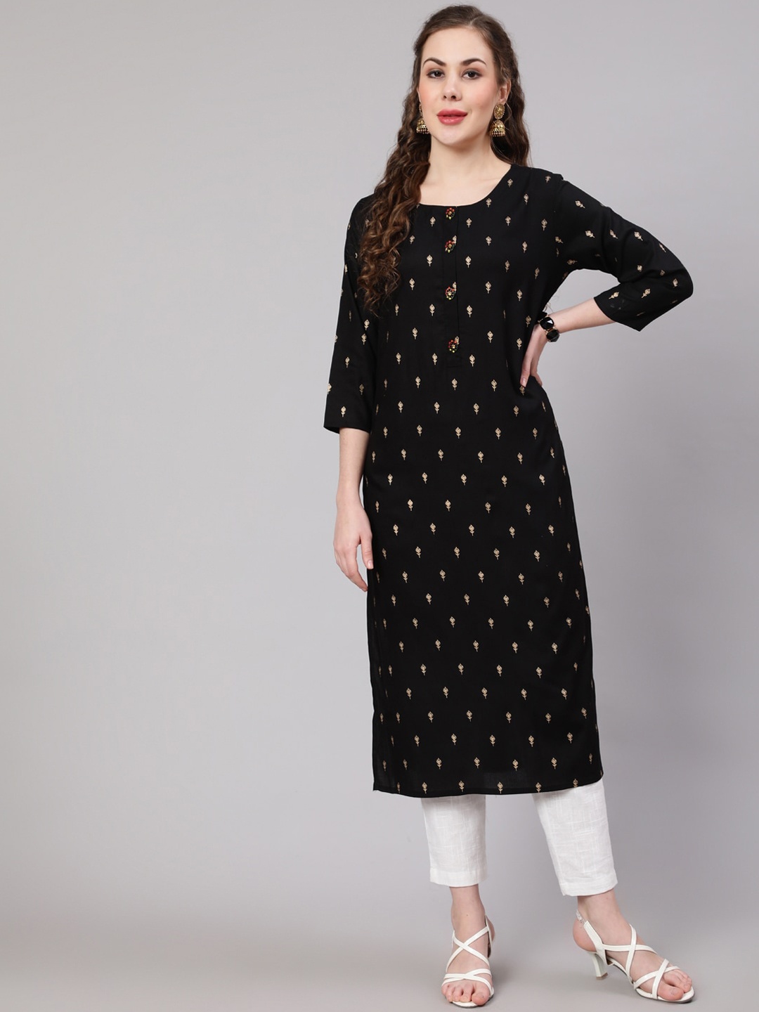 Spera Ethnic Motifs Printed Straight Kurta, Black