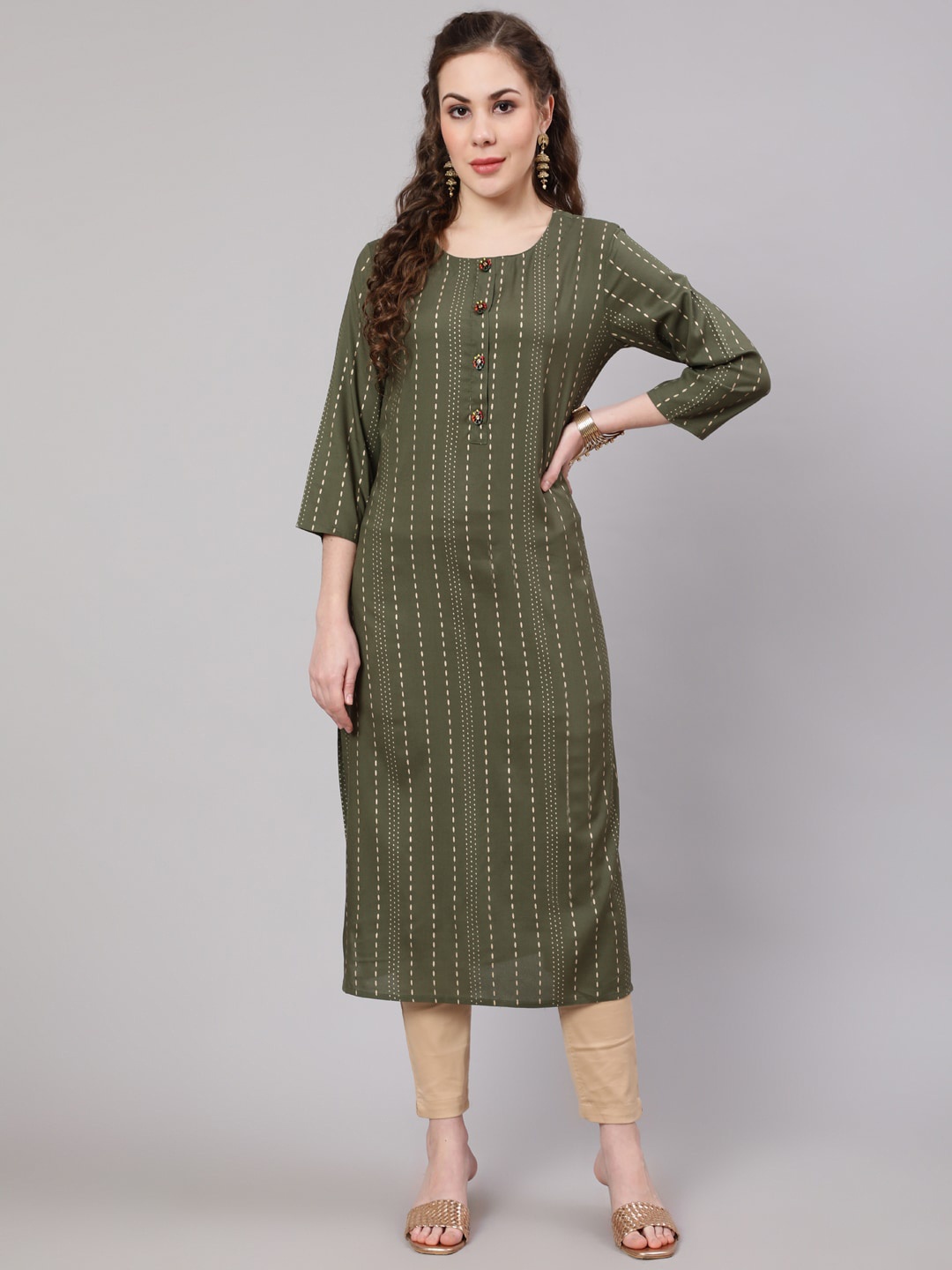 

Spera Geometric Foil Printed Straight Kurta, Olive