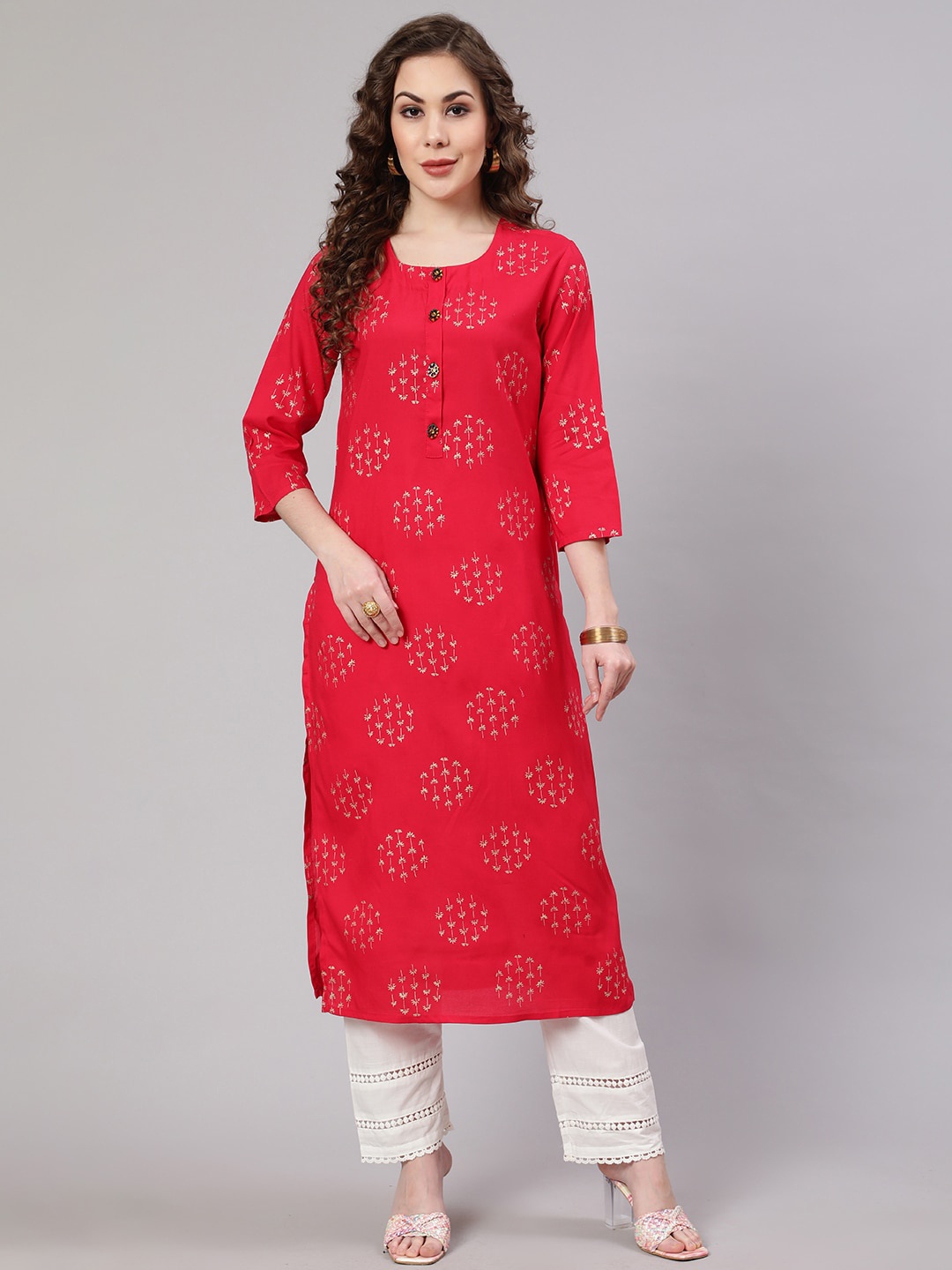

Spera Floral Foil Printed Straight Kurta, Red