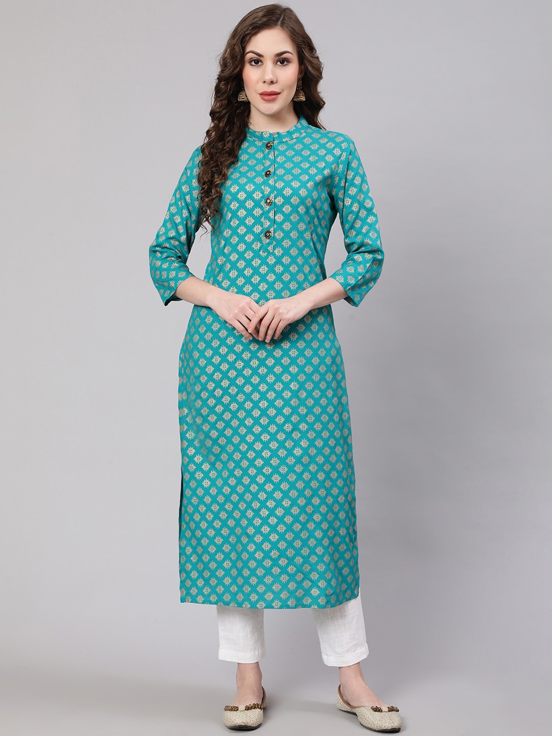 

Spera Ethnic Motifs Foil Printed Mandarin Collar Straight Kurta, Turquoise blue