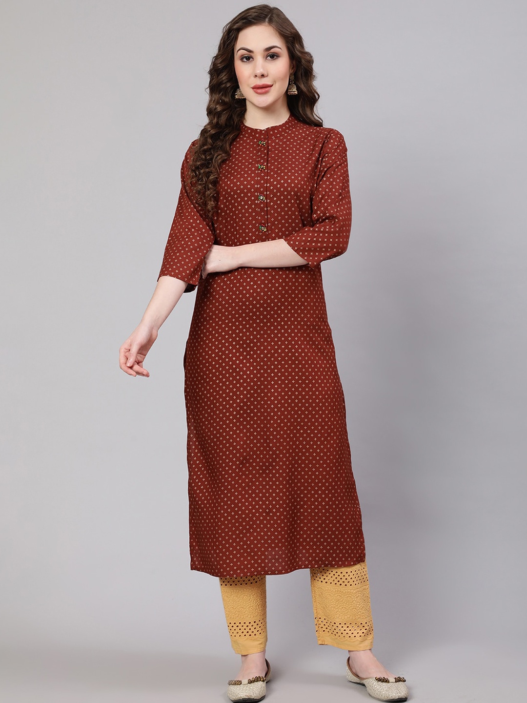 

Spera Mandarin Collar Ethnic Motifs Foil Printed Straight Kurta, Brown