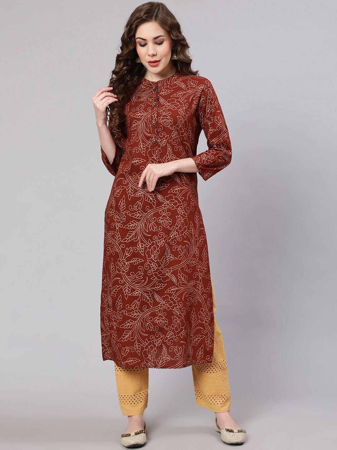 

Spera Mandarin Collar Floral Foil Printed Straight Kurta, Rust