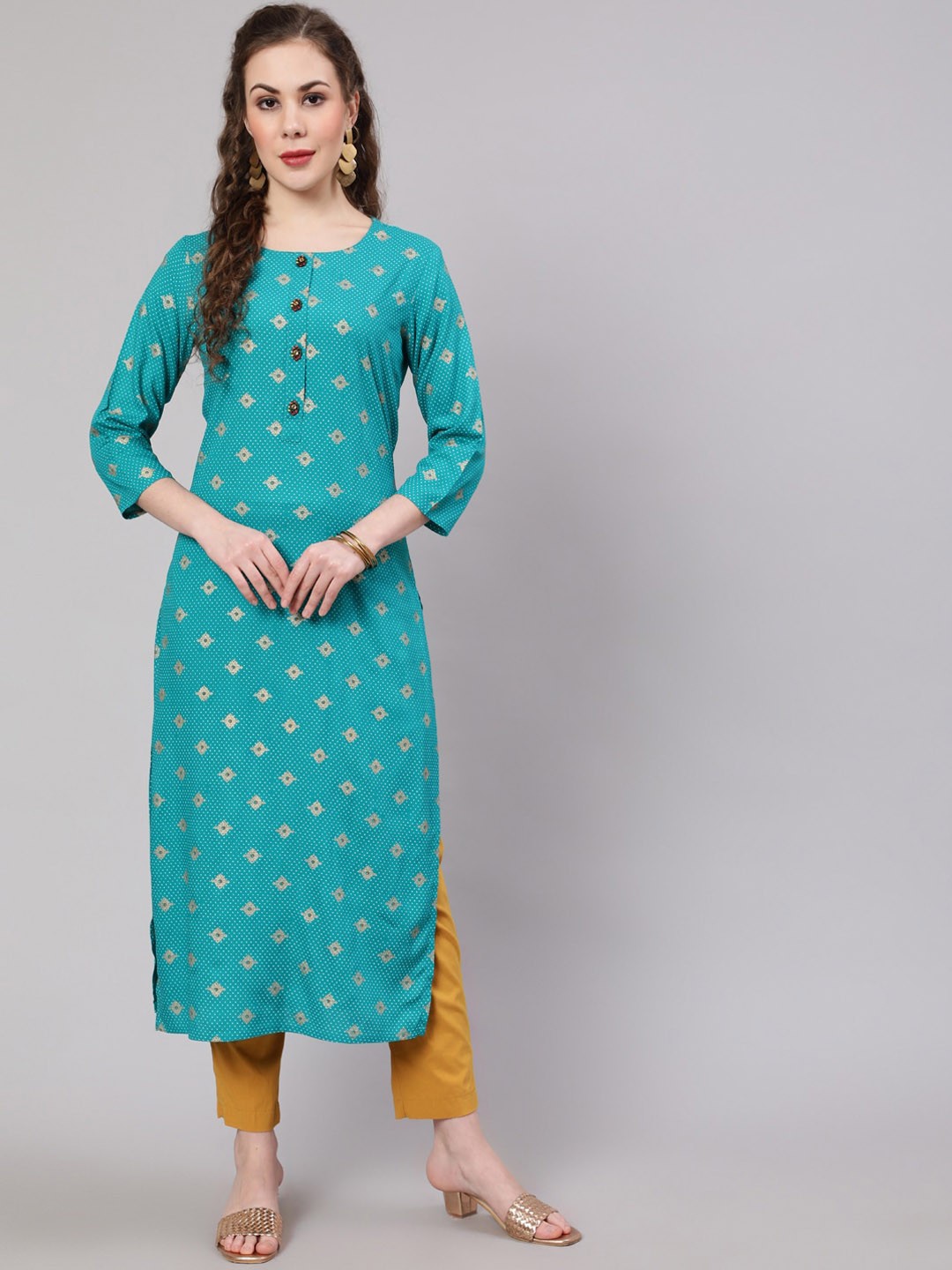 

Spera Ethnic Motifs Foil Printed Straight Kurta, Turquoise blue
