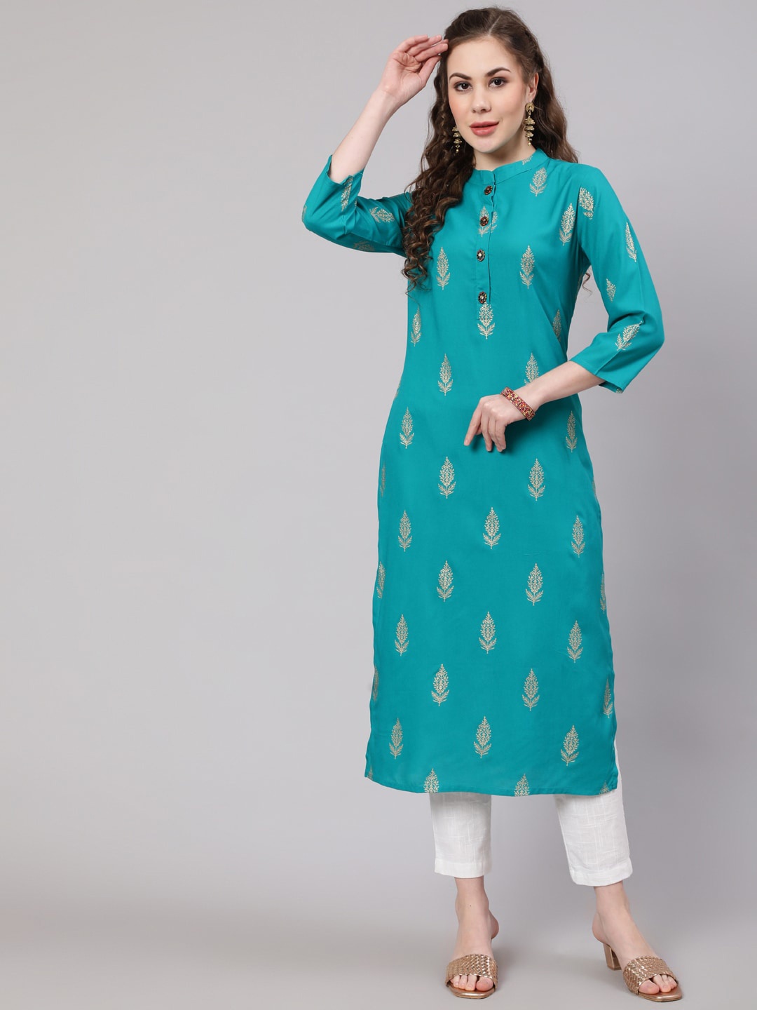 

Spera Ethnic Motifs Foil Printed Mandarin Collar Straight Kurta, Turquoise blue