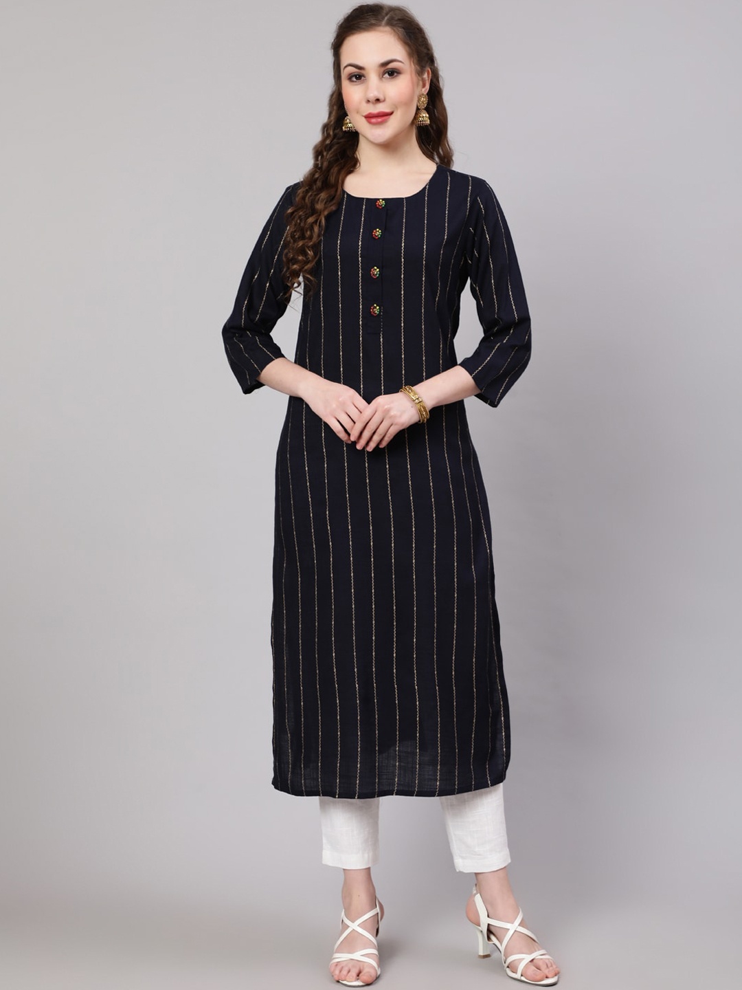 

Spera Foil Striped Straight Kurta, Navy blue