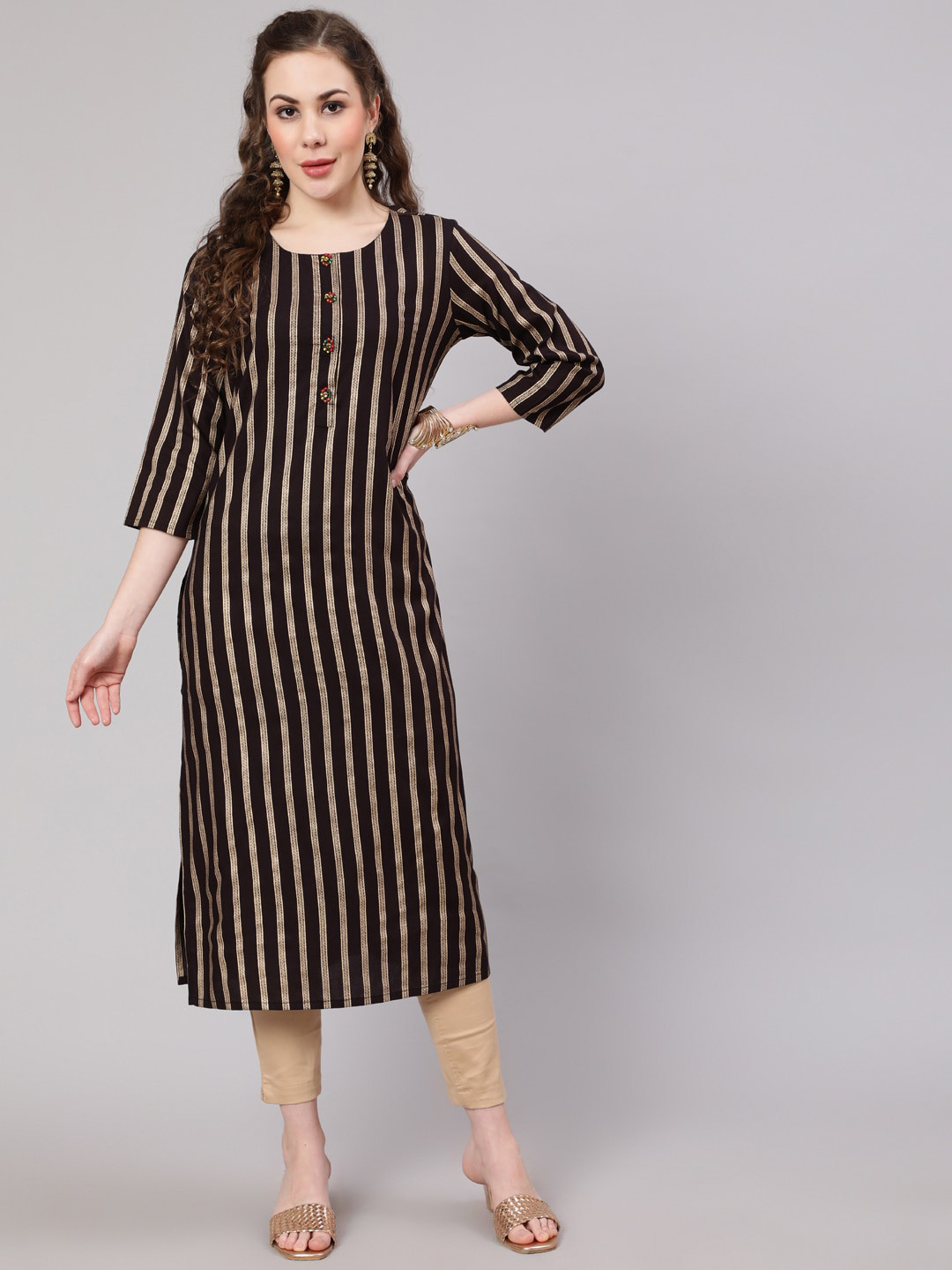 

Spera Calf Length Striped Straight Foil Print Kurta, Brown