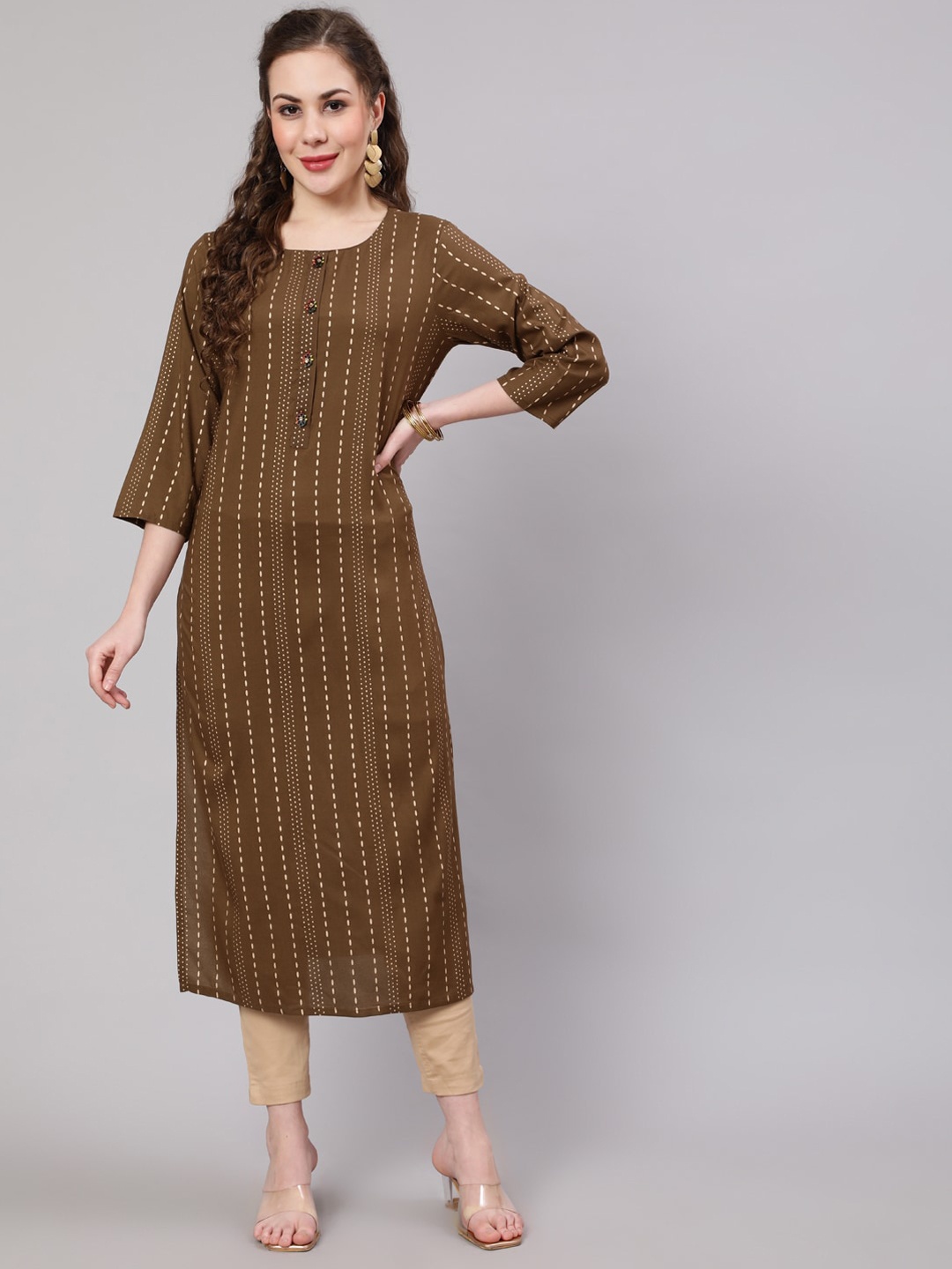 

Spera Striped Foil Print Rayon Straight Kurta, Olive