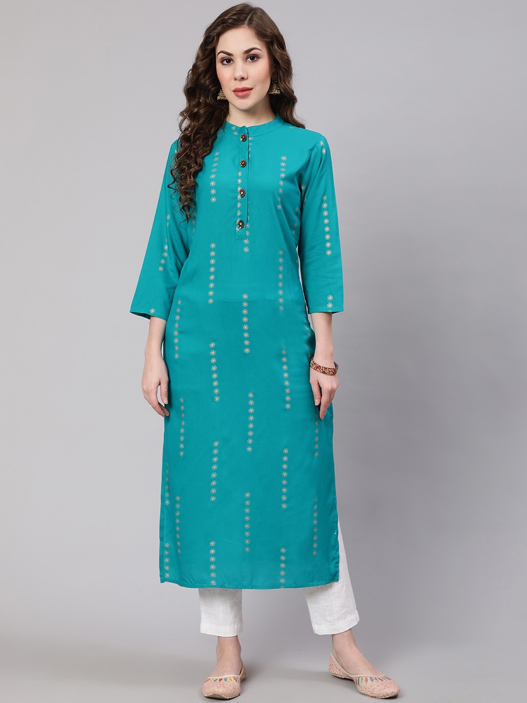 

Spera Mandarin Collar Floral Foil Printed Straight Kurta, Turquoise blue