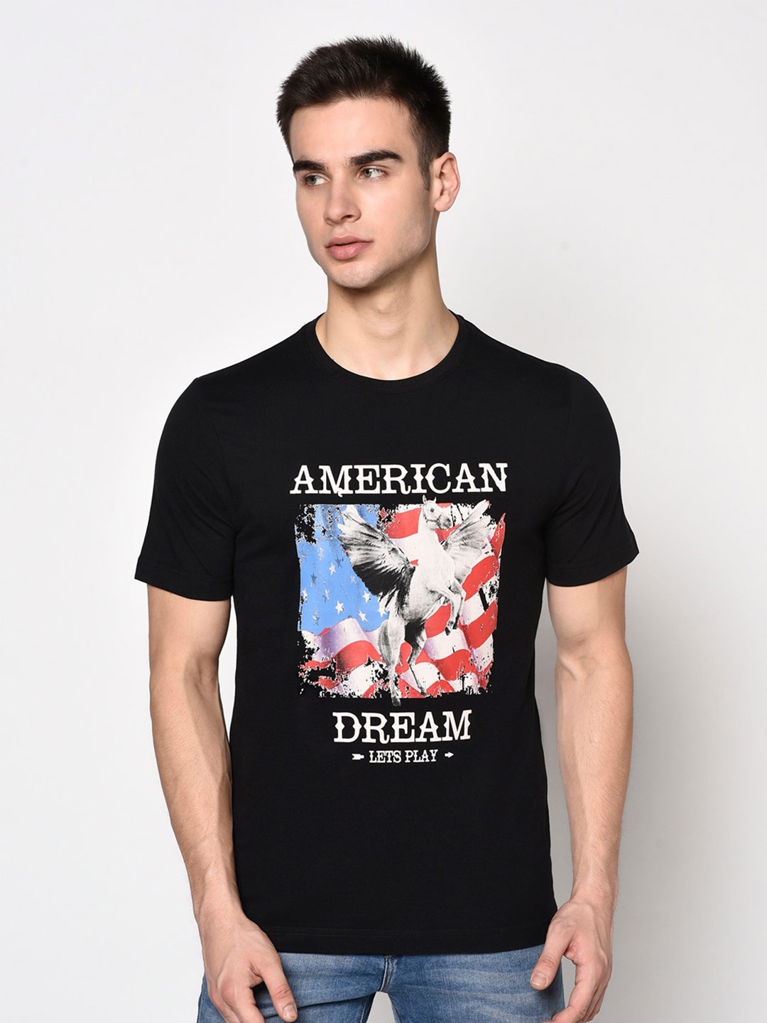 

Oakmans Graphic Printed Round Neck Cotton T-shirt, Black