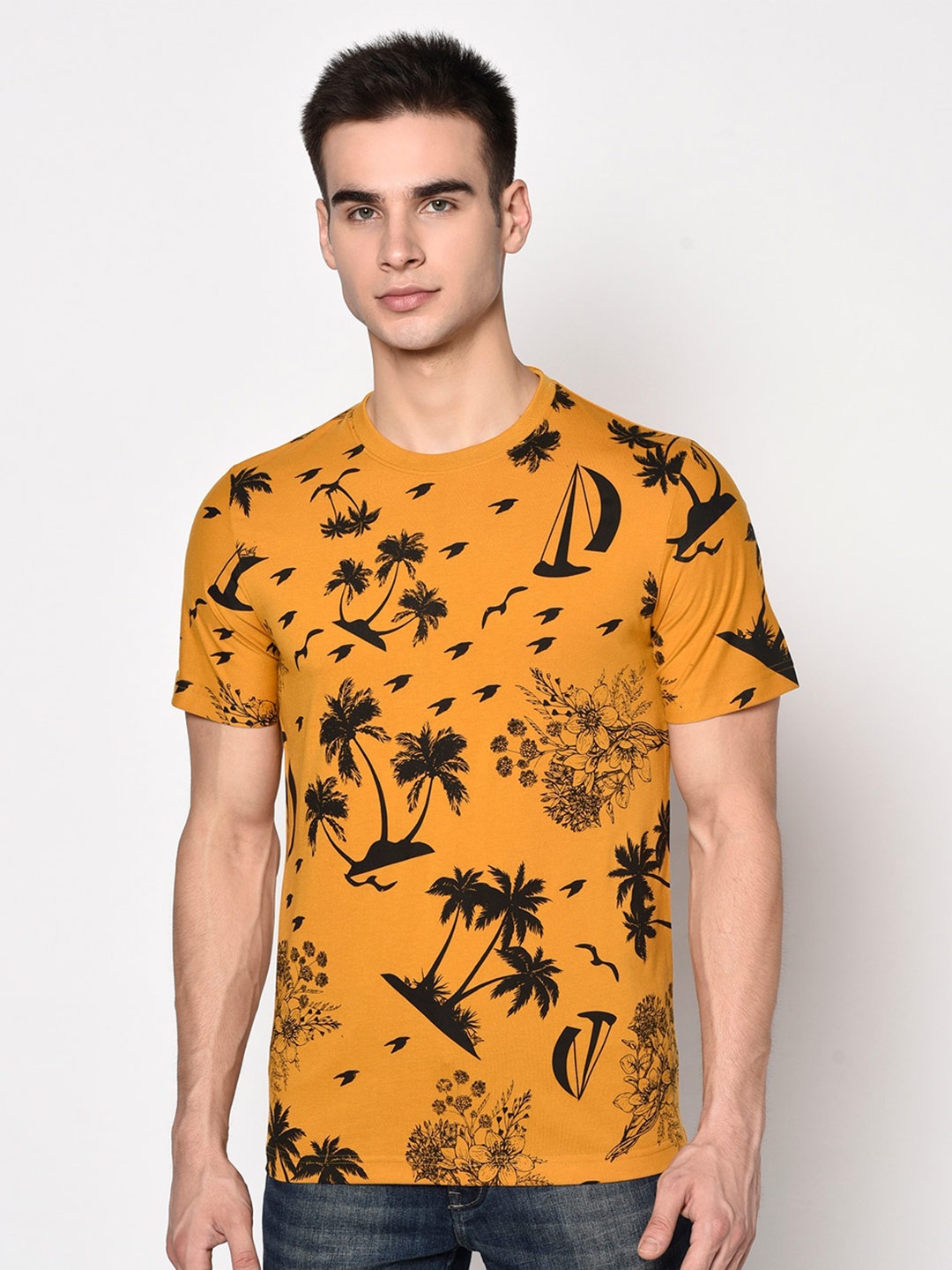 

Oakmans Tropical Printed Round Neck Cotton T-shirt, Mustard