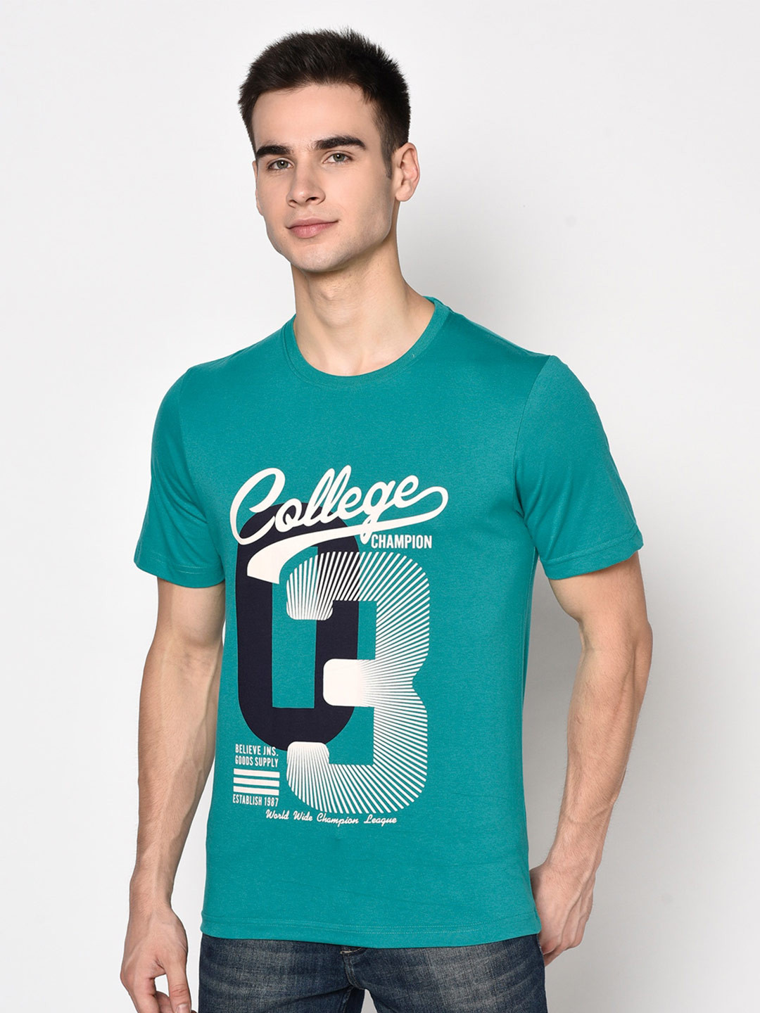 

Oakmans Typography Printed Round Neck Cotton T-shirt, Teal