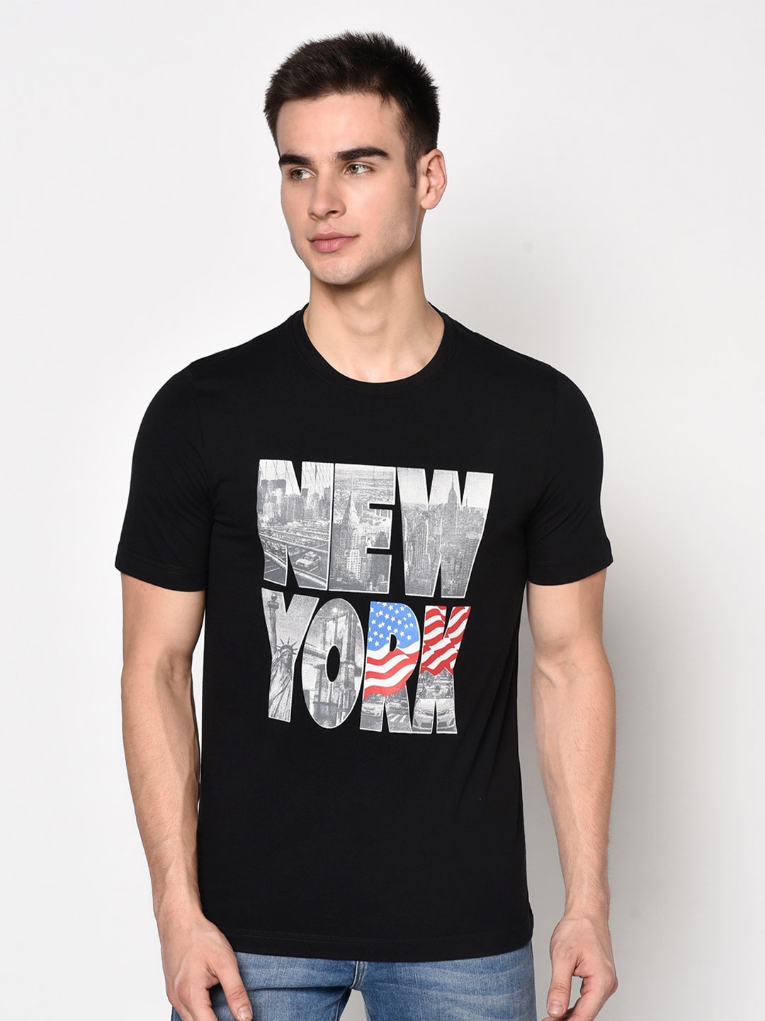 

Oakmans Typography Printed Round Neck Short Sleeves Cotton T-shirt, Black