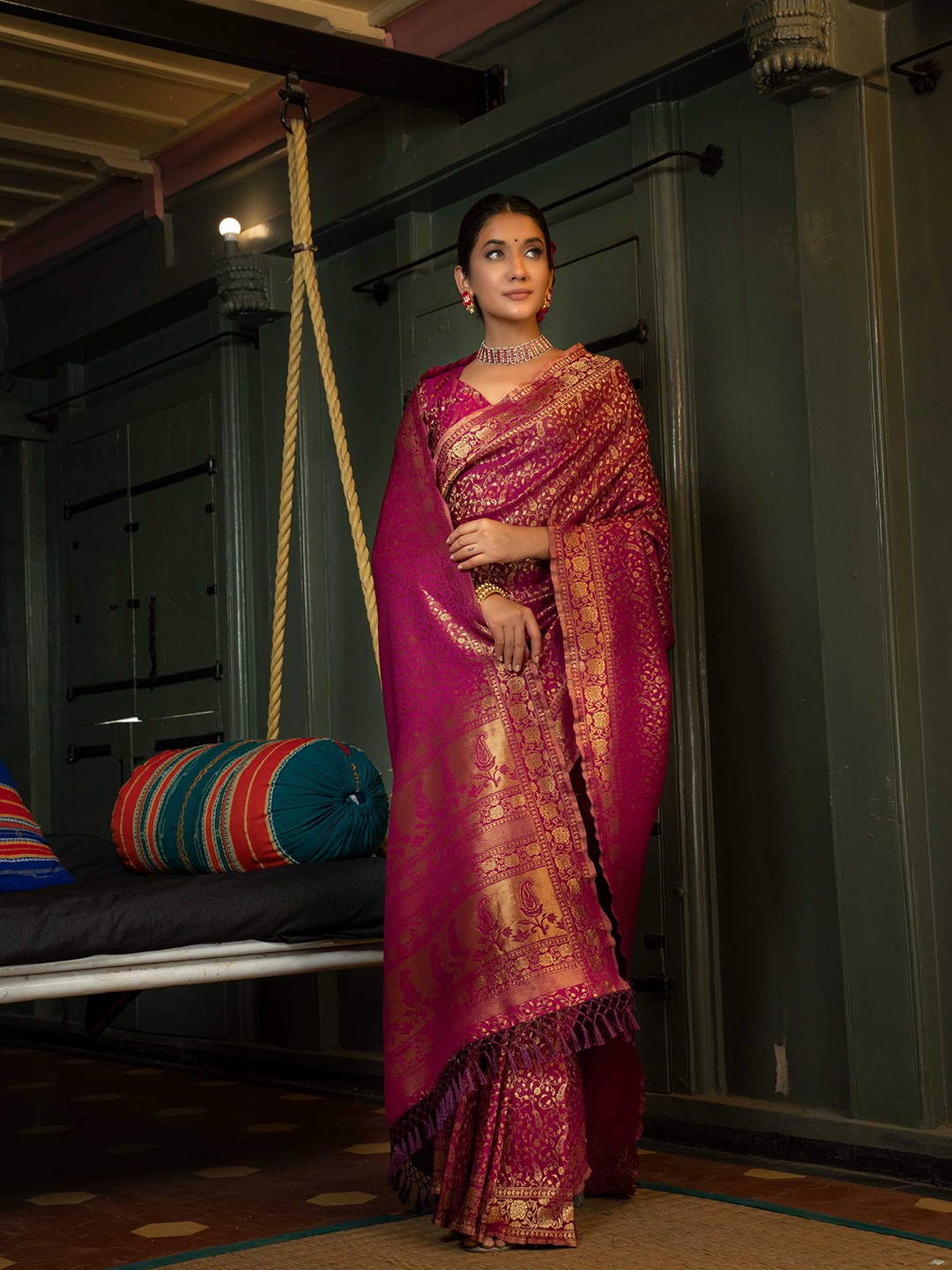 

Vardha Paisley Zari Silk Blend Kanjeevaram Saree With Tassel, Purple