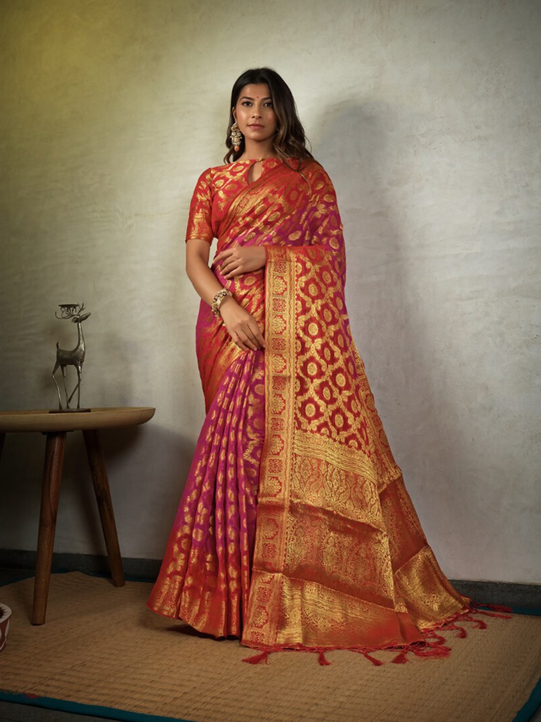 

Vardha Ethnic Motif Zari Pure Chiffon Banarasi Saree With Tassel, Pink