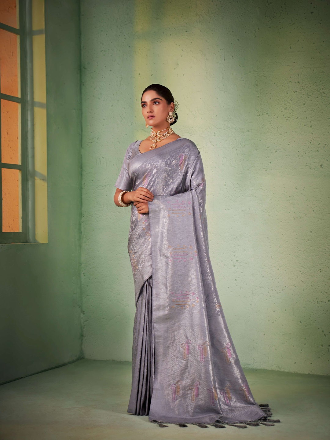 

Vardha Ethnic Motif Woven Design Zari Kanjeevaram Saree, Grey