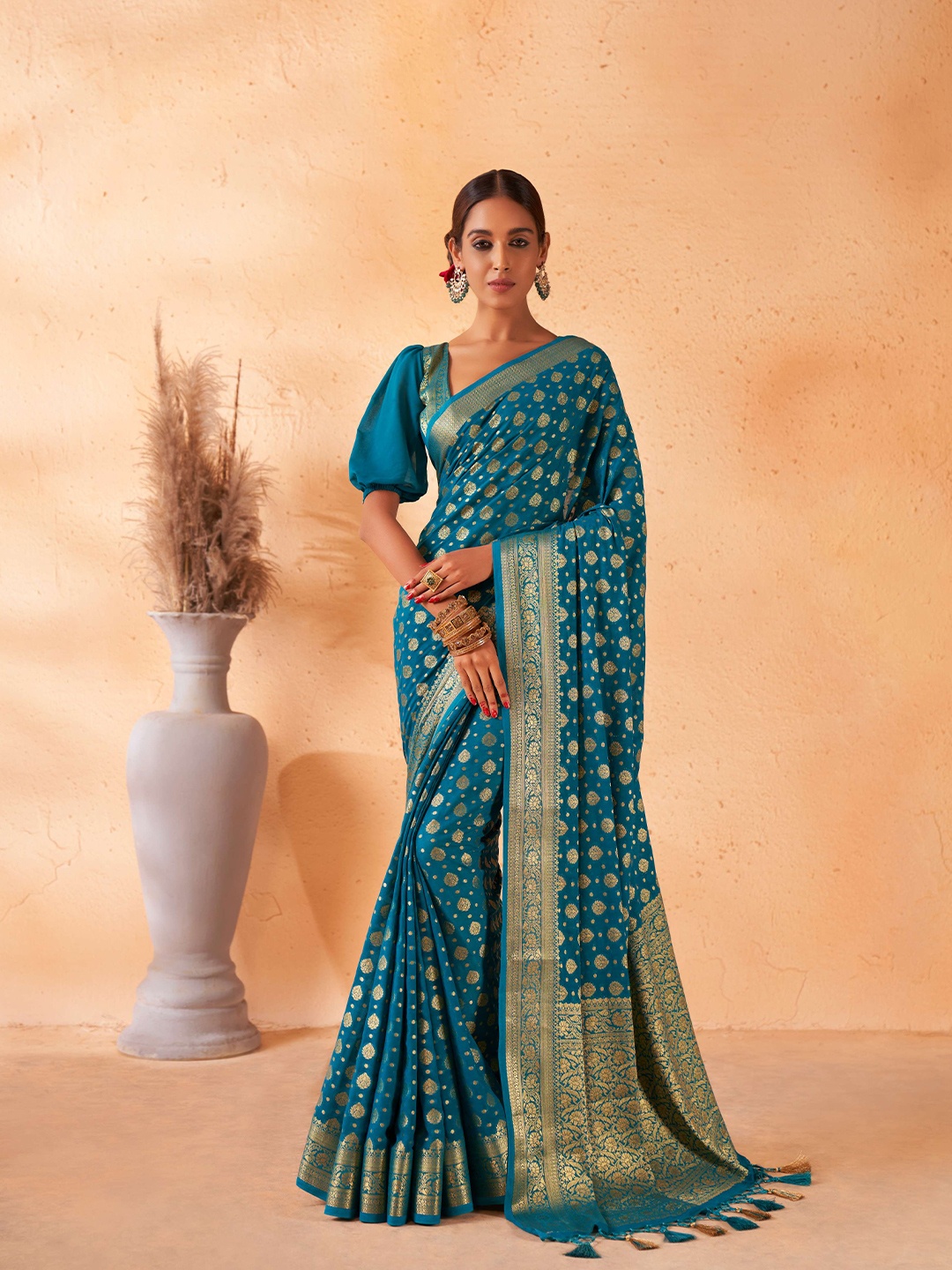 

Vardha Ethnic Woven Design Zari Pure Georgette Banarasi Saree, Teal