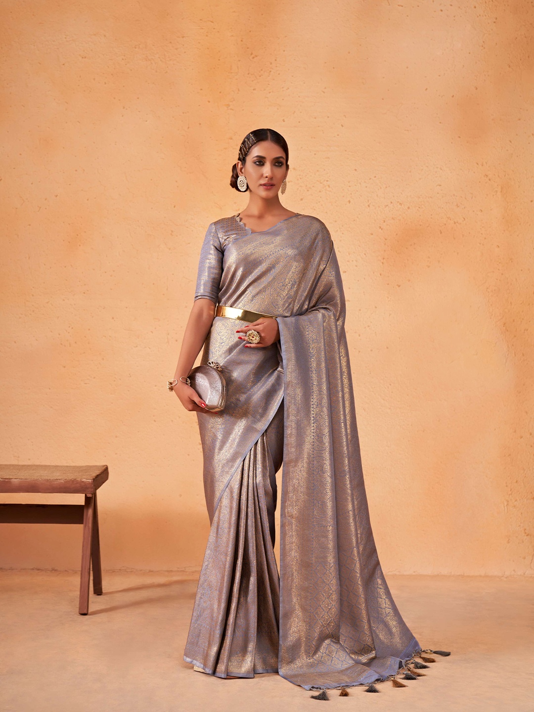 

Vardha Paisley Zari Silk Blend Kanjeevaram Saree With Tassel, Grey
