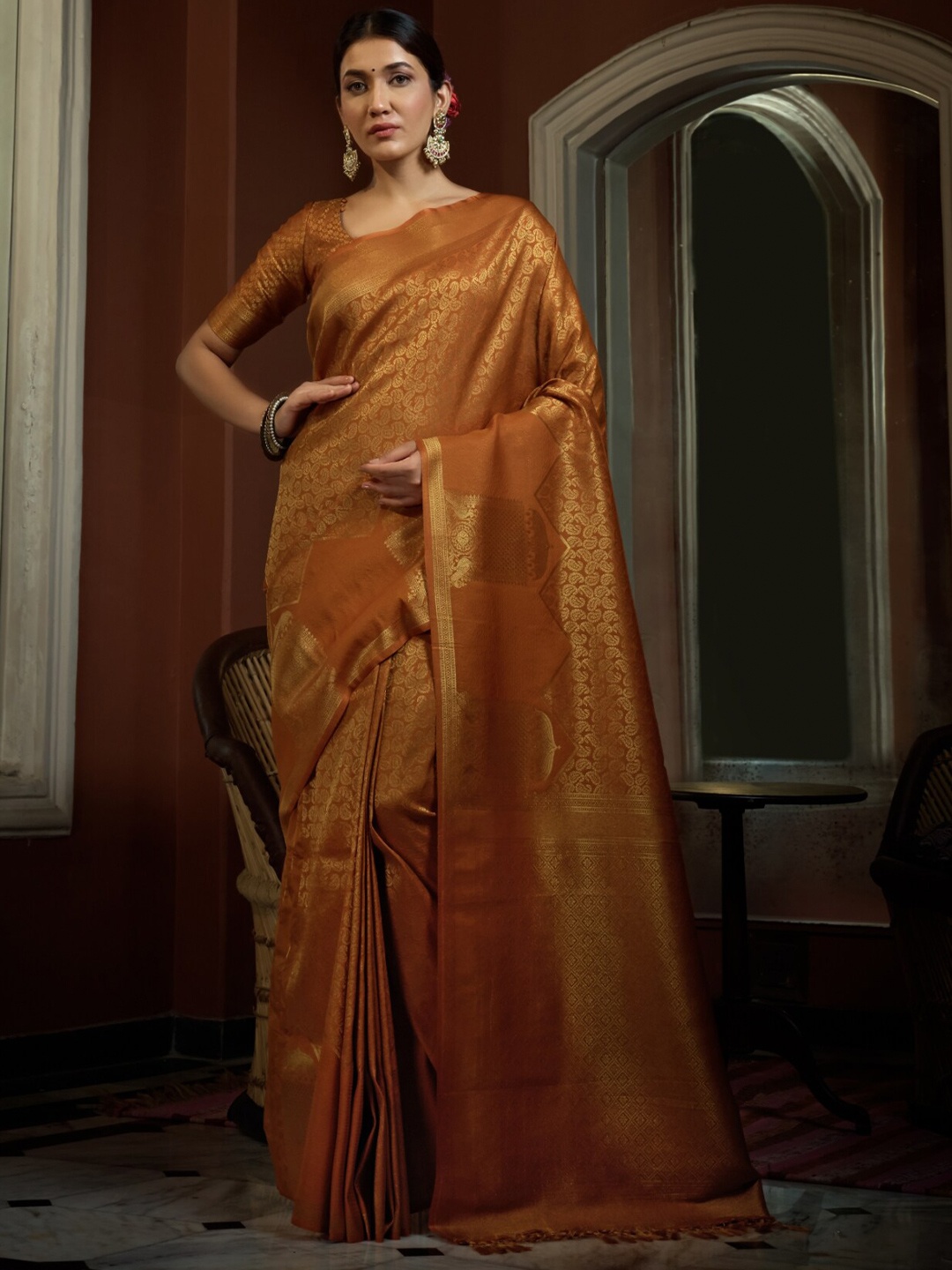 

Vardha Ethnic Motifs Zari Silk Blend Kanjeevaram Saree, Mustard