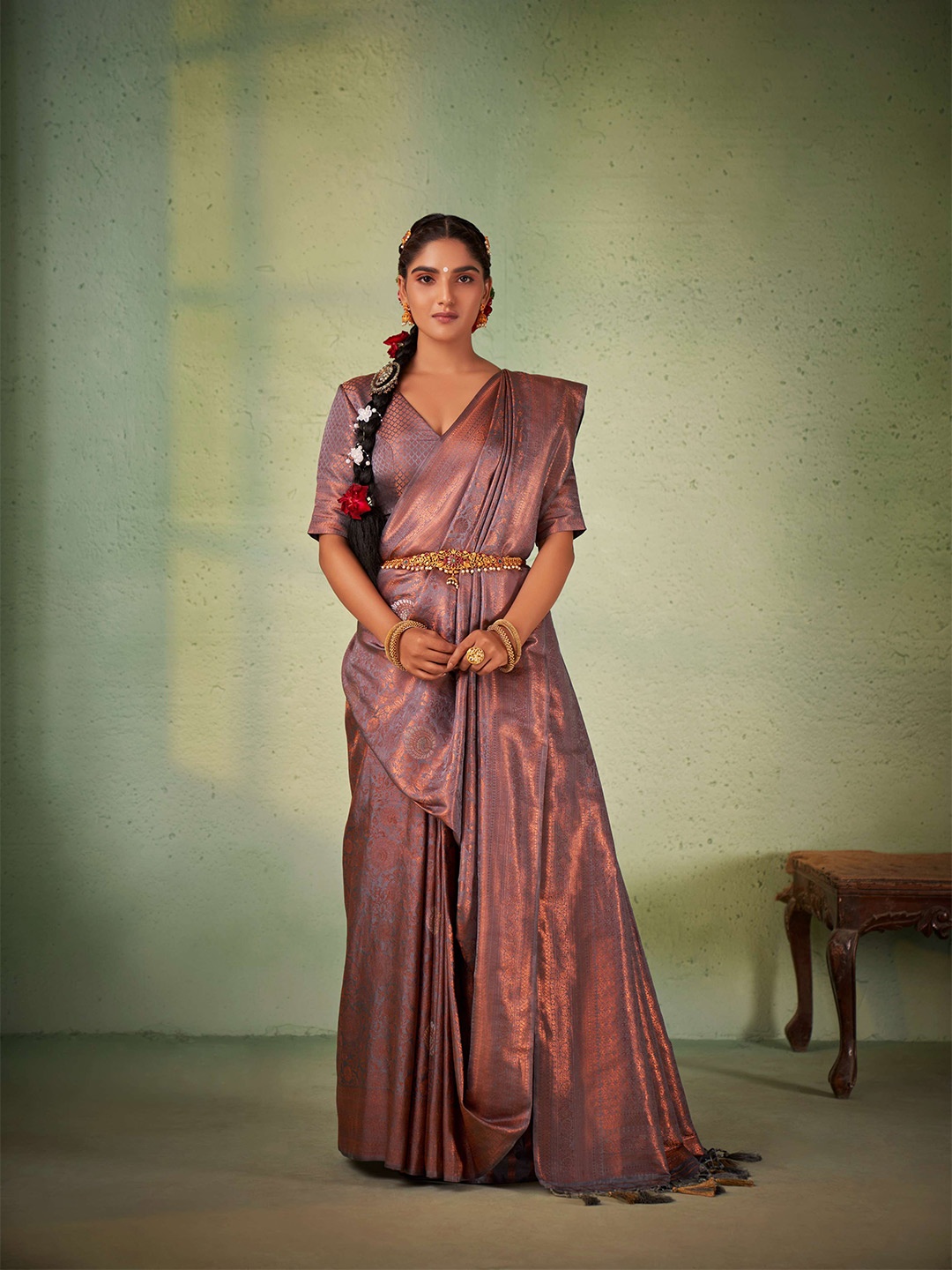 

Vardha Ethnic Motifs Woven Design Zari Kanjeevaram Saree, Grey