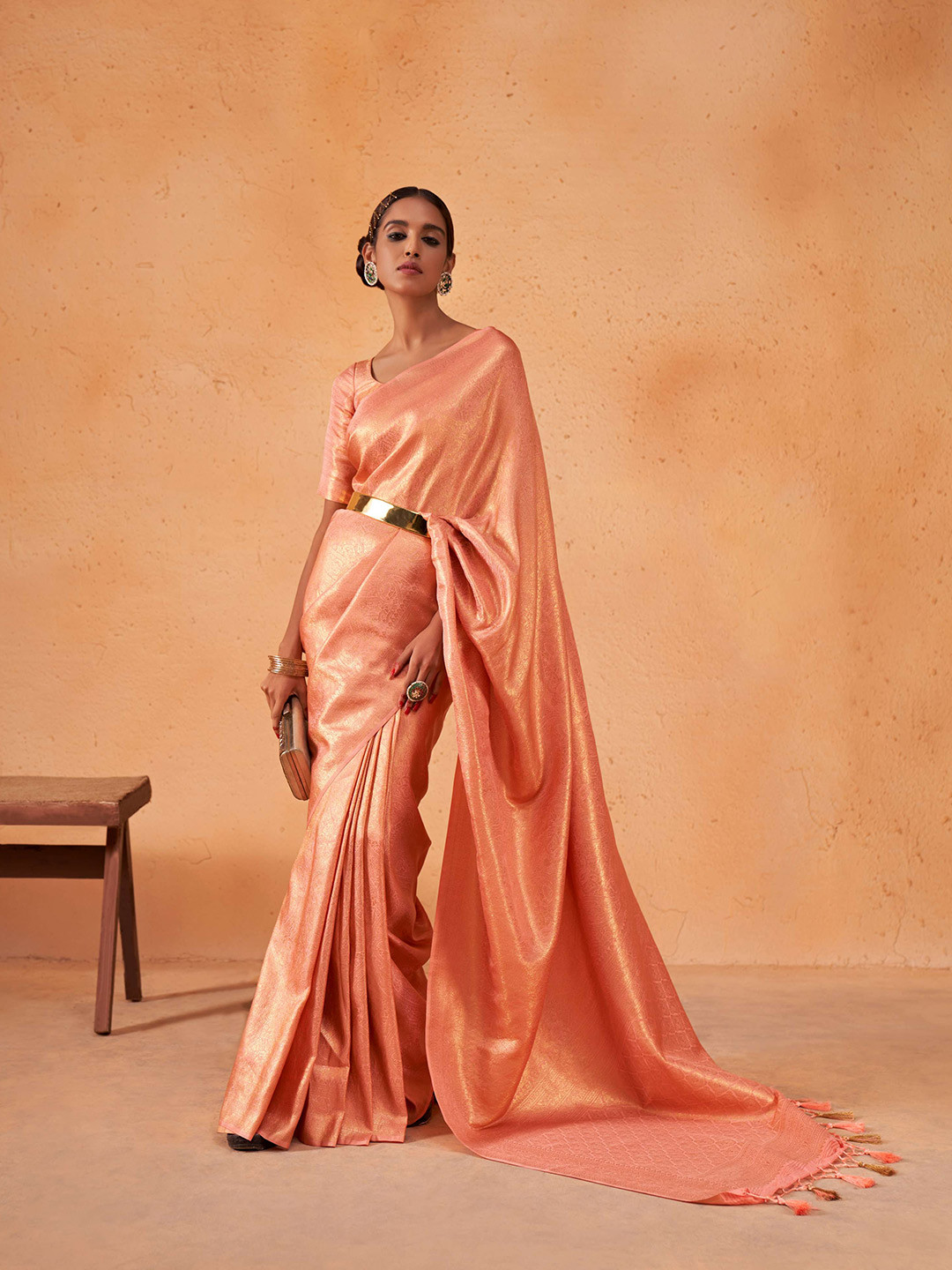 

Vardha Ethnic Motifs Woven Design Zari Kanjeevaram Saree, Orange
