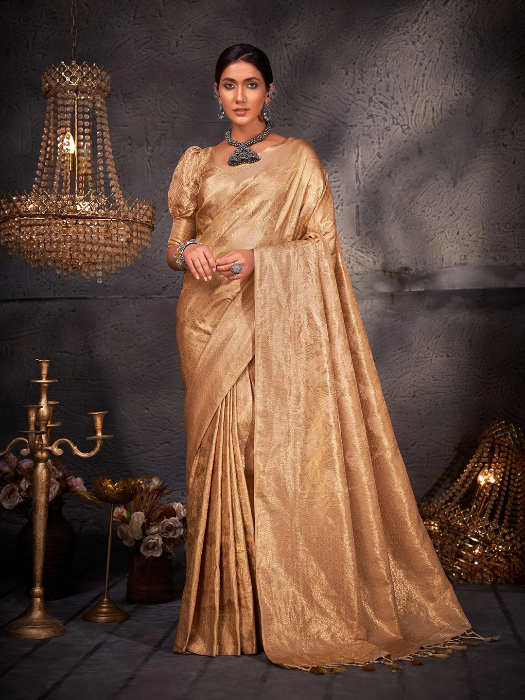 

Vardha Ethnic Motif Woven Design Zari Kanjeevaram Saree, Beige