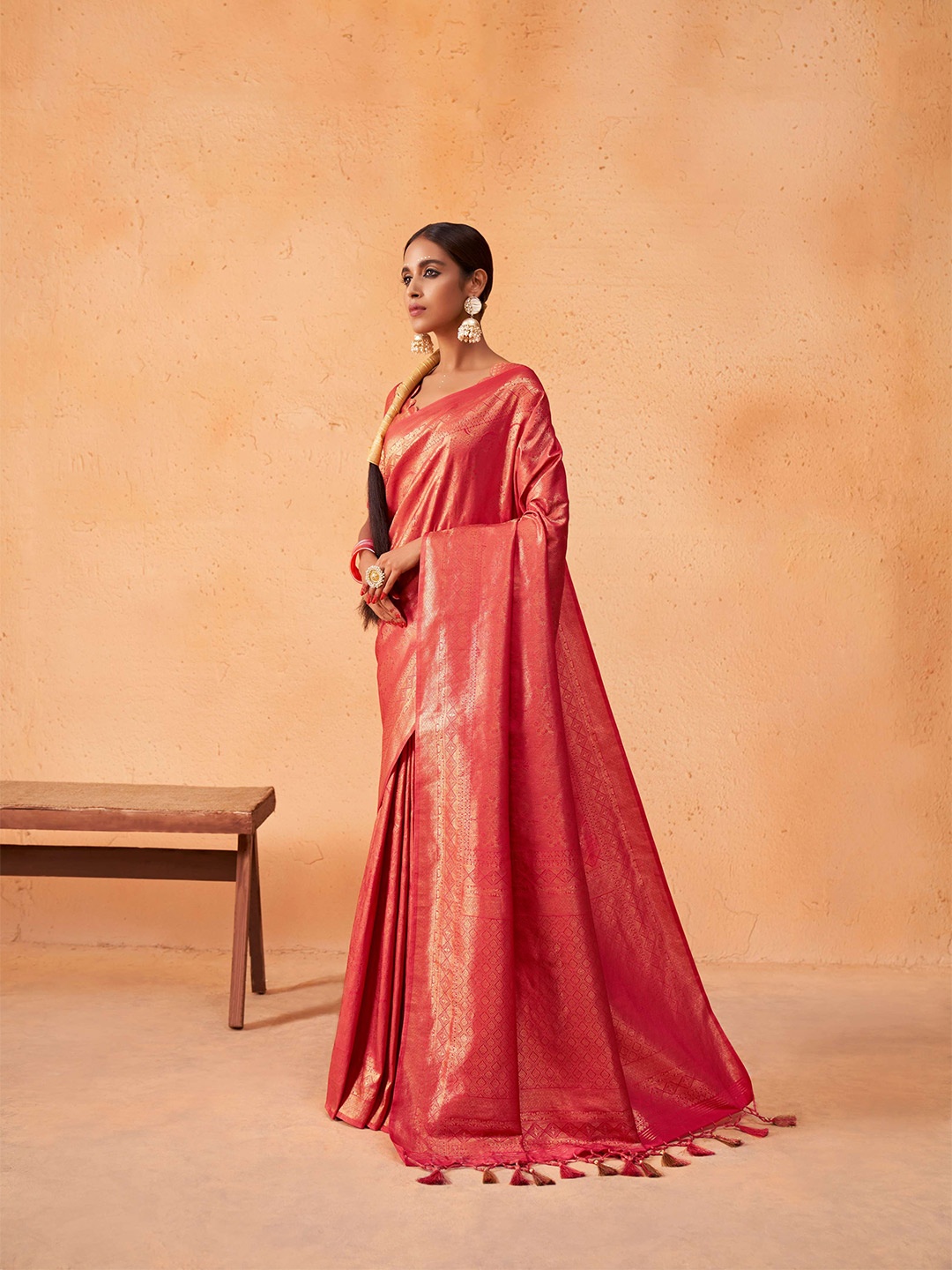 

Vardha Ethnic Motifs Zari Silk Blend Kanjeevaram Saree With Tassel, Red