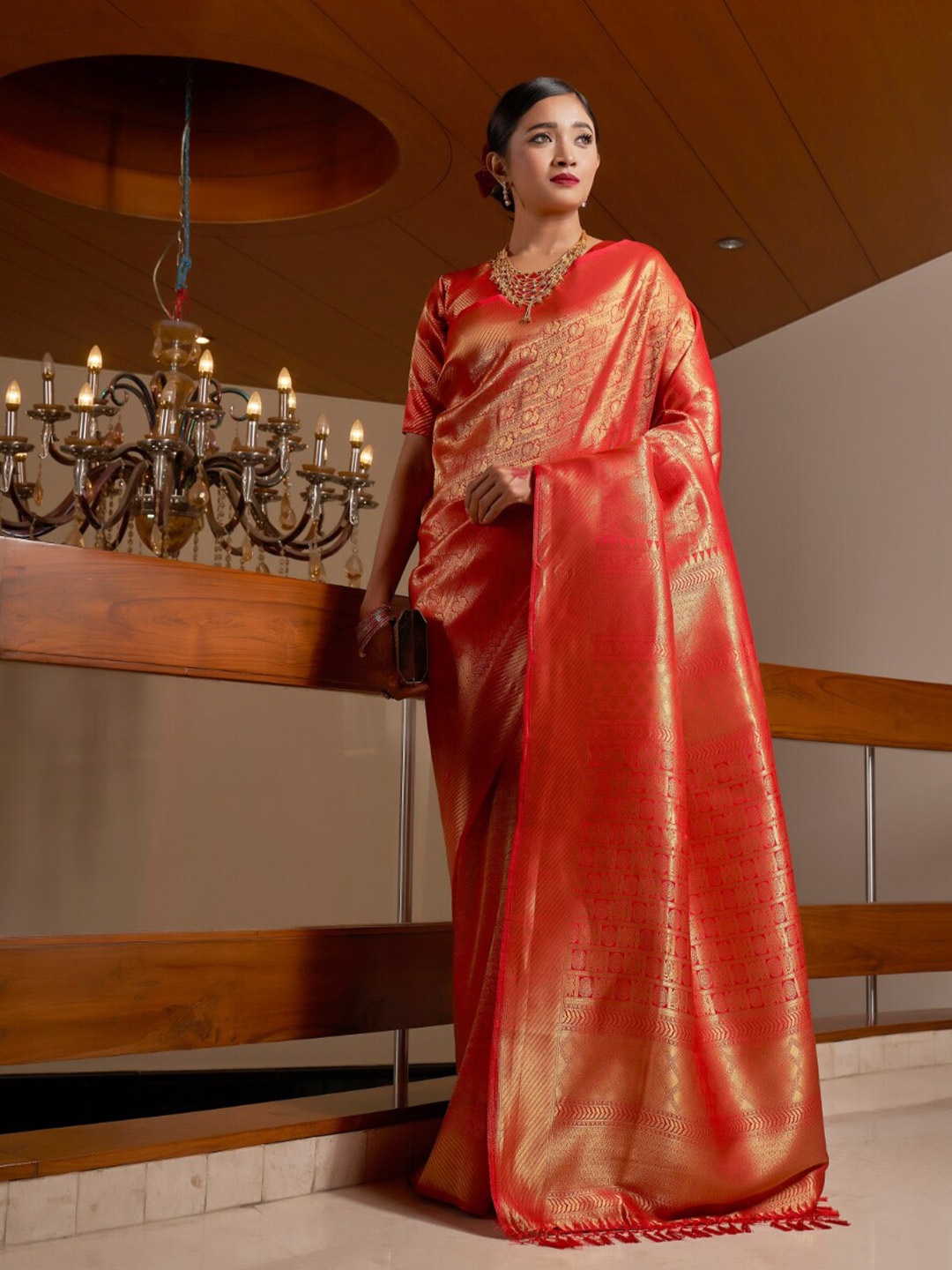 

Vardha Ethnic Motifs Woven Design Zari Kanjeevaram Saree, Red