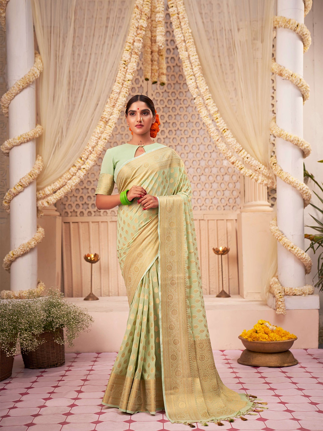 

Vardha Ethnic Motifs Woven Design Zari Pure Georgette Banarasi Saree, Green