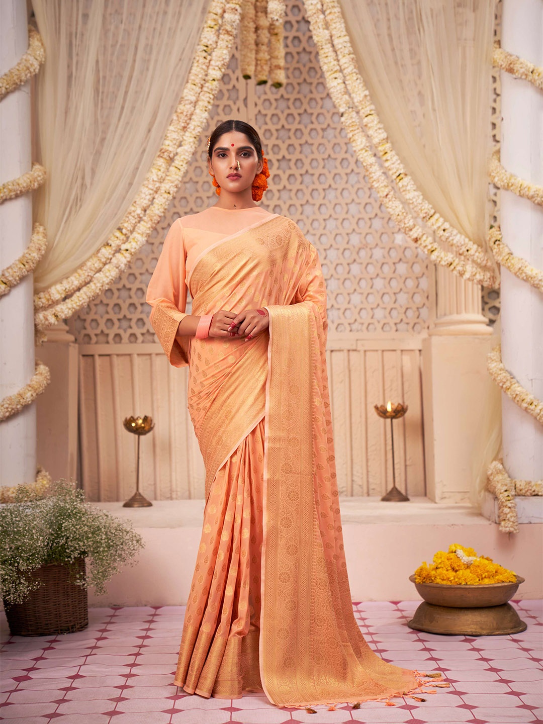 

Vardha Ethnic Motifs Woven Design Zari Banarasi Saree, Peach