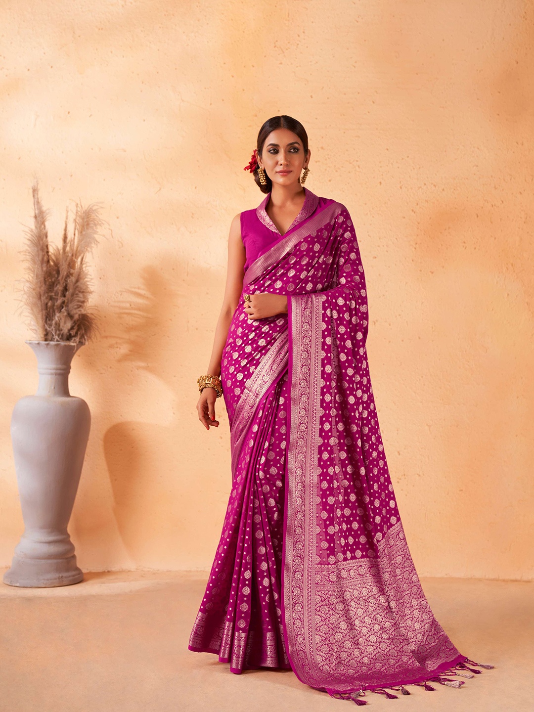 

Vardha Ethnic Motifs Zari Pure Georgette Banarasi Saree With Tassel, Pink