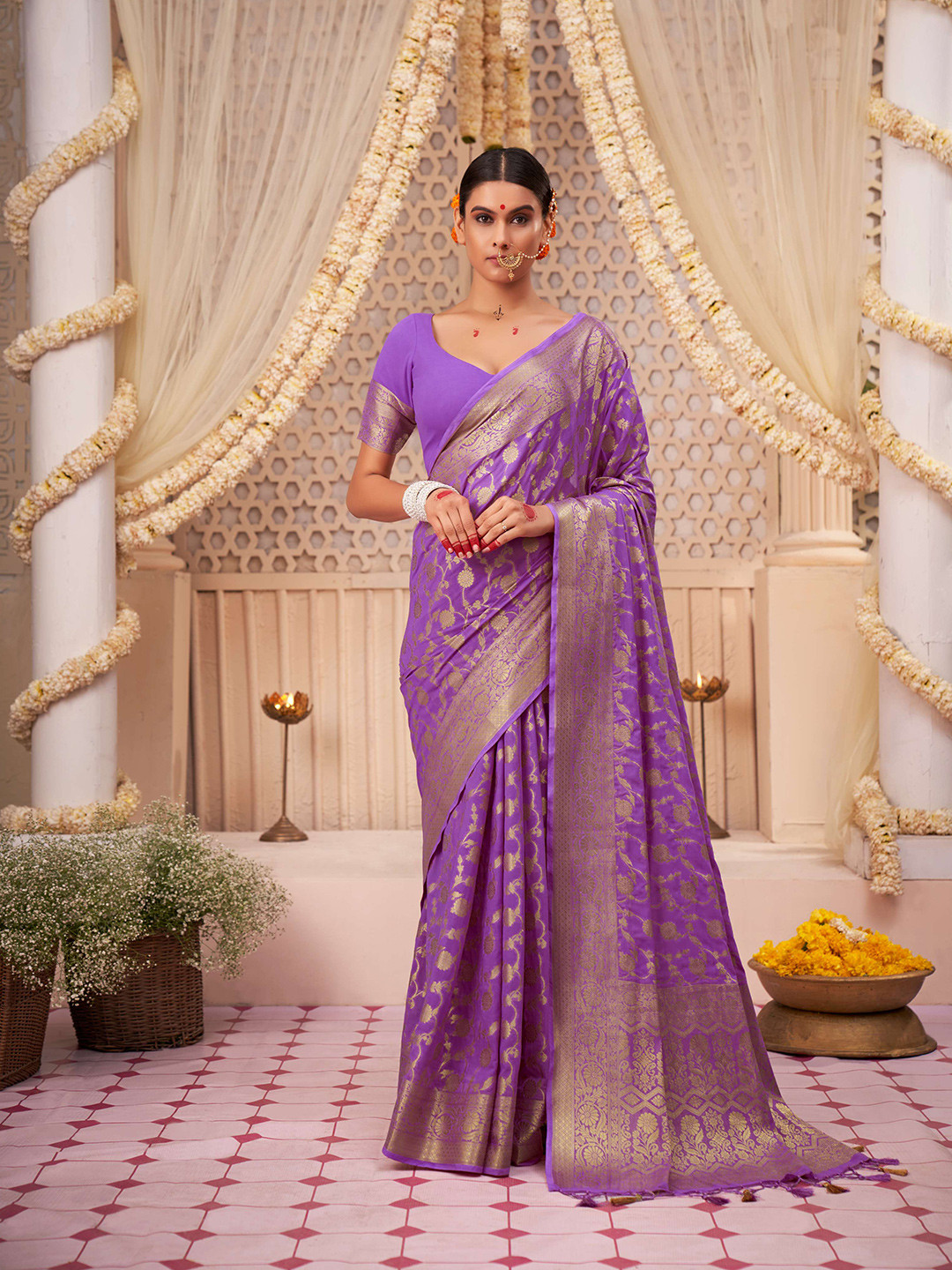 

Vardha Floral Motif Woven Design Zari Pure Georgette Banarasi Saree, Purple