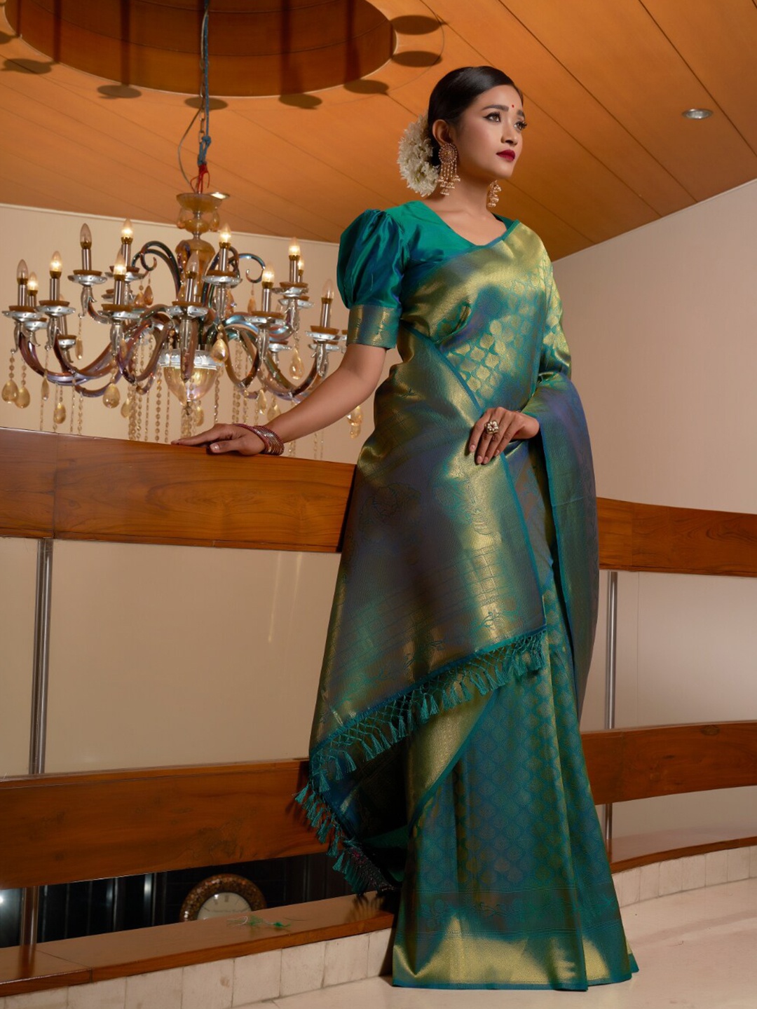 

Vardha Ethnic Motifs Woven Design Zari Kanjeevaram Saree, Teal