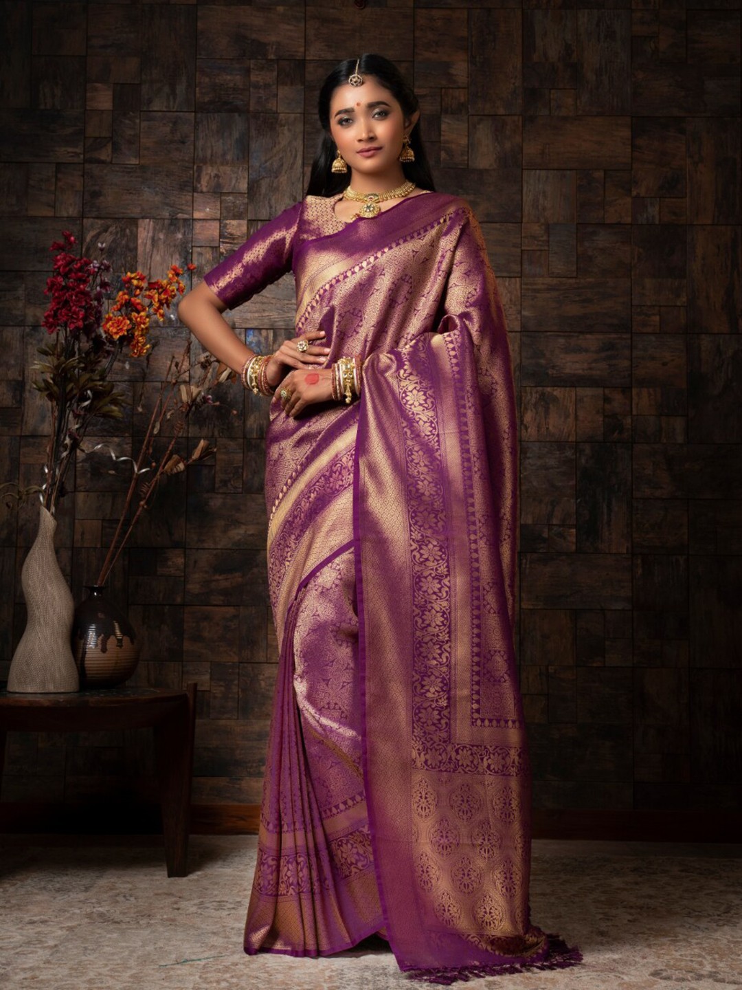 

Vardha Ethnic Motifs Woven Design Zari Kanjeevaram Saree, Purple