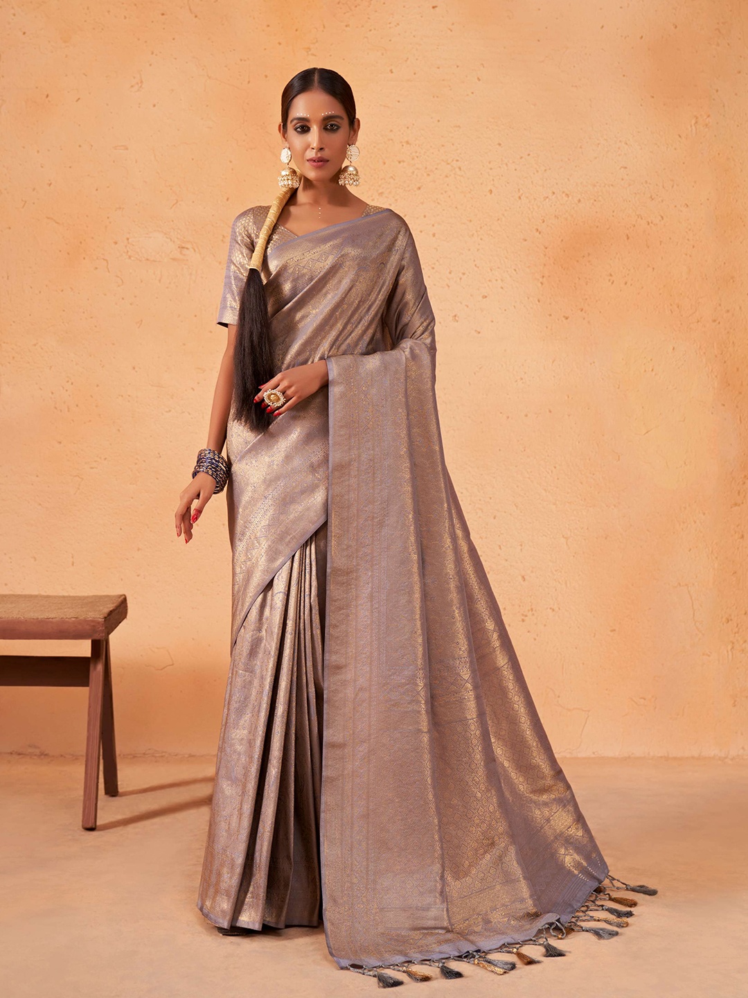 

Vardha Ethnic Woven Design Zari Kanjeevaram Saree, Grey