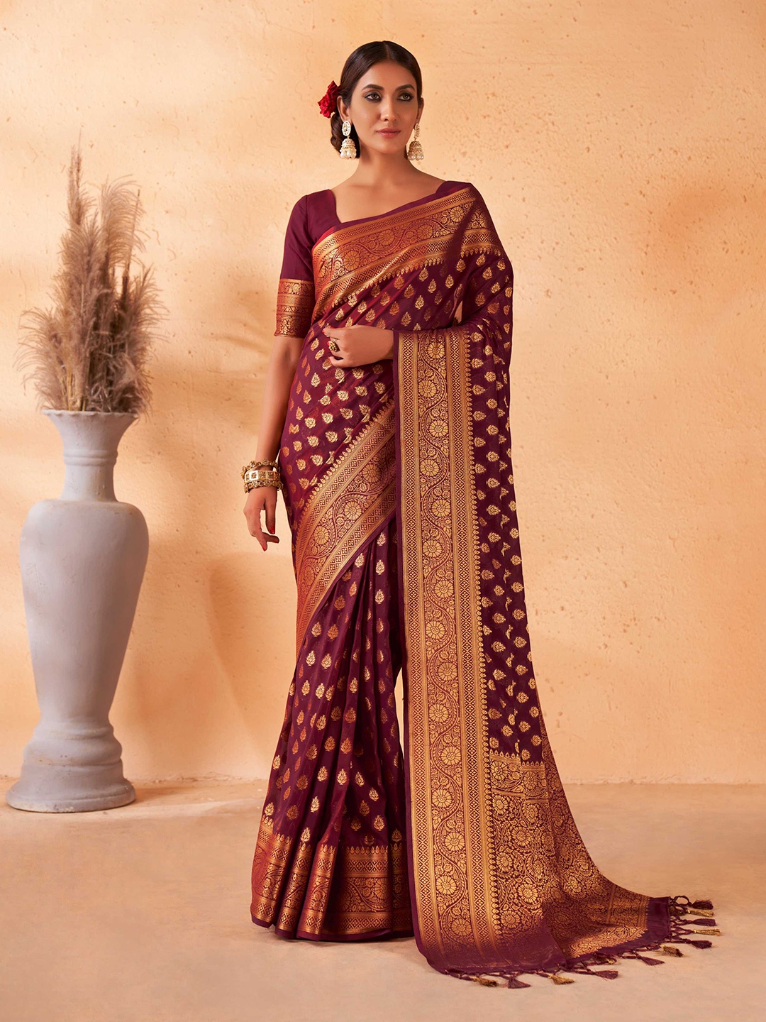 

Vardha Ethnic Motifs Woven Design Zari Pure Georgette Banarasi Saree, Maroon