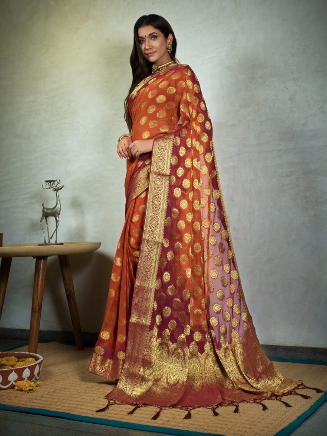 

Vardha Floral Woven Design Zari Pure Chiffon Banarasi Saree, Orange