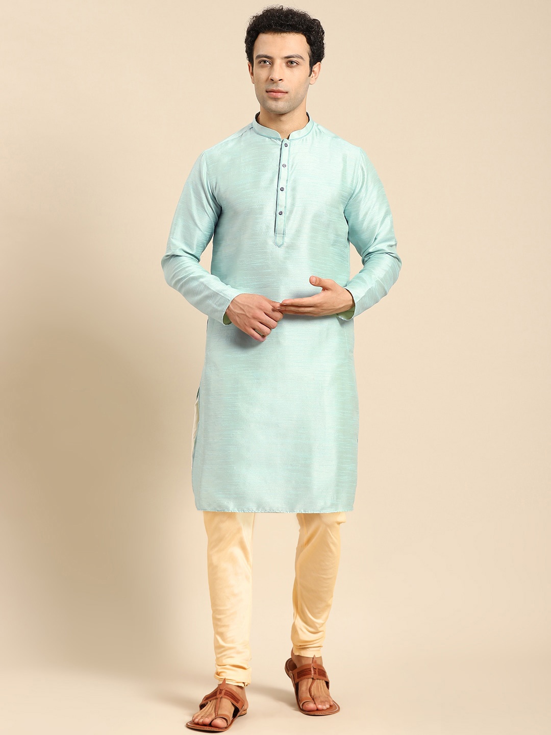 

Amodh by Kisah Mandarin Collar Straight Cotton Kurta, Sea green