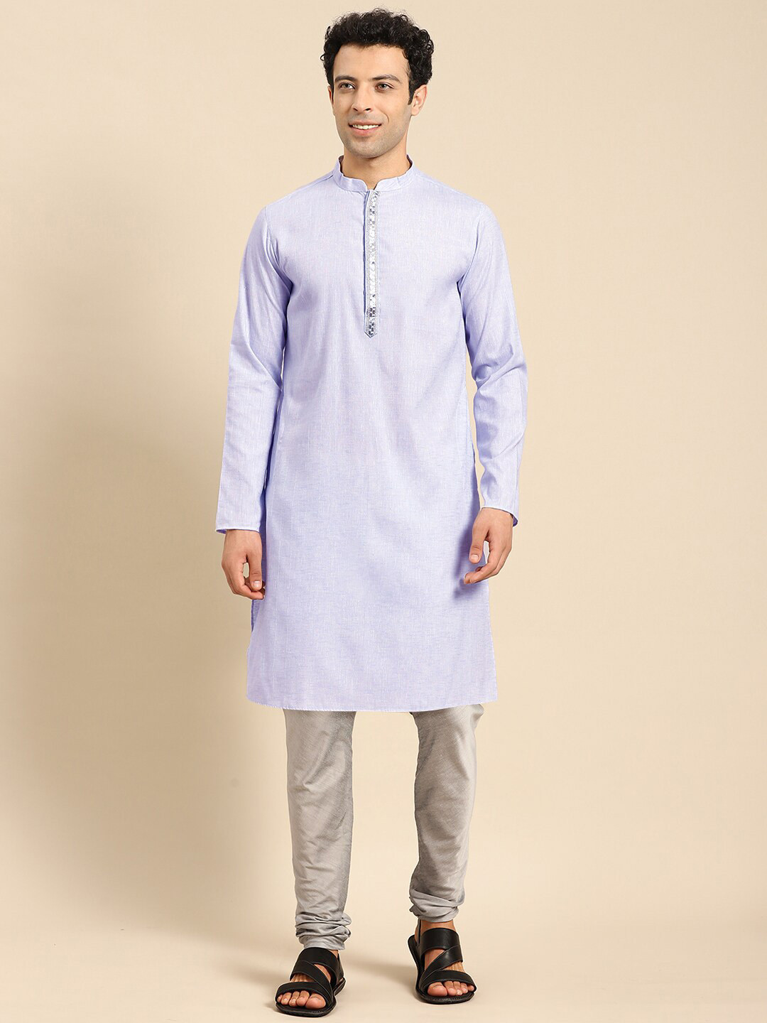 

Amodh by Kisah Striped Woven Design Mandarin Collar Thread Work Straight Kurta, Lavender