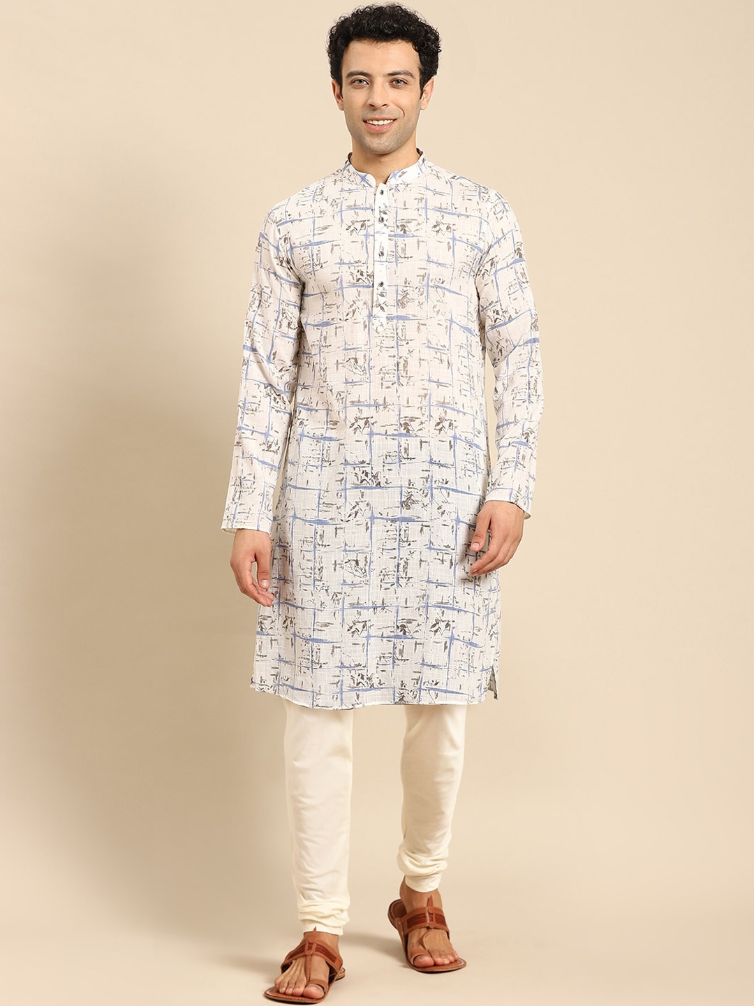 

Amodh by Kisah Mandarin Collar Abstract Printed Straight Cotton Kurta, Off white