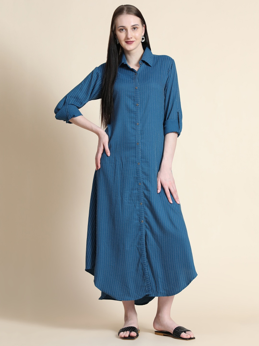 

Rudraaksha Creations Striped Roll-Up Sleeves Shirt Midi Dress, Teal