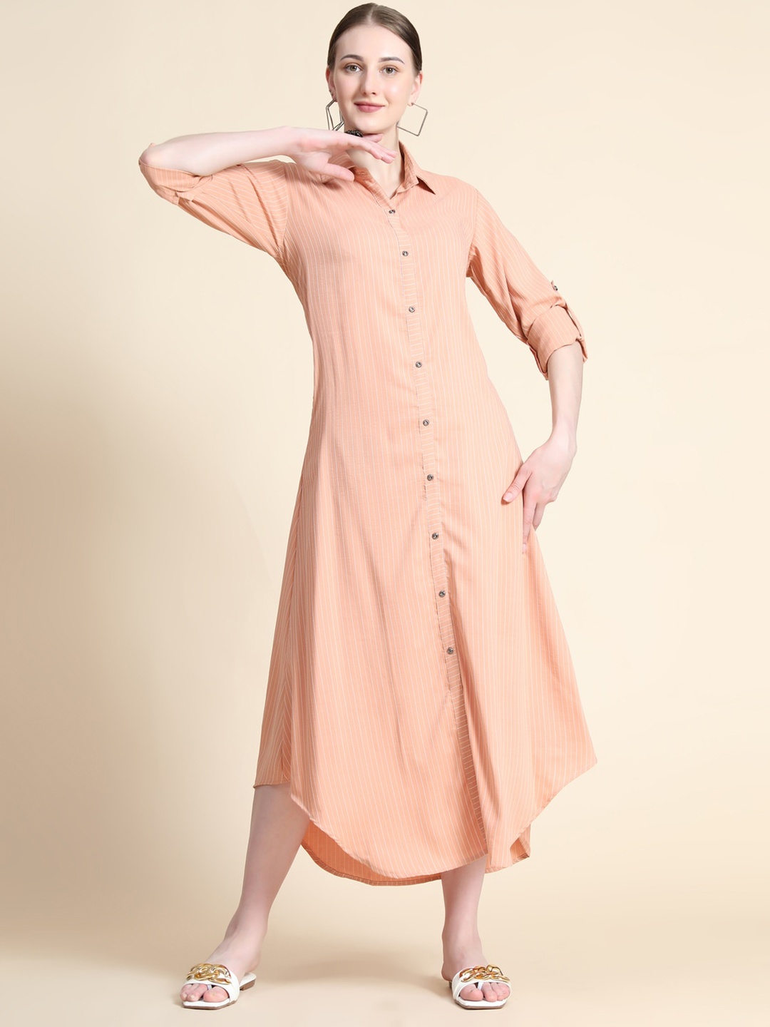 

Rudraaksha Creations Striped Roll-Up Sleeves Shirt Midi Dress, Peach