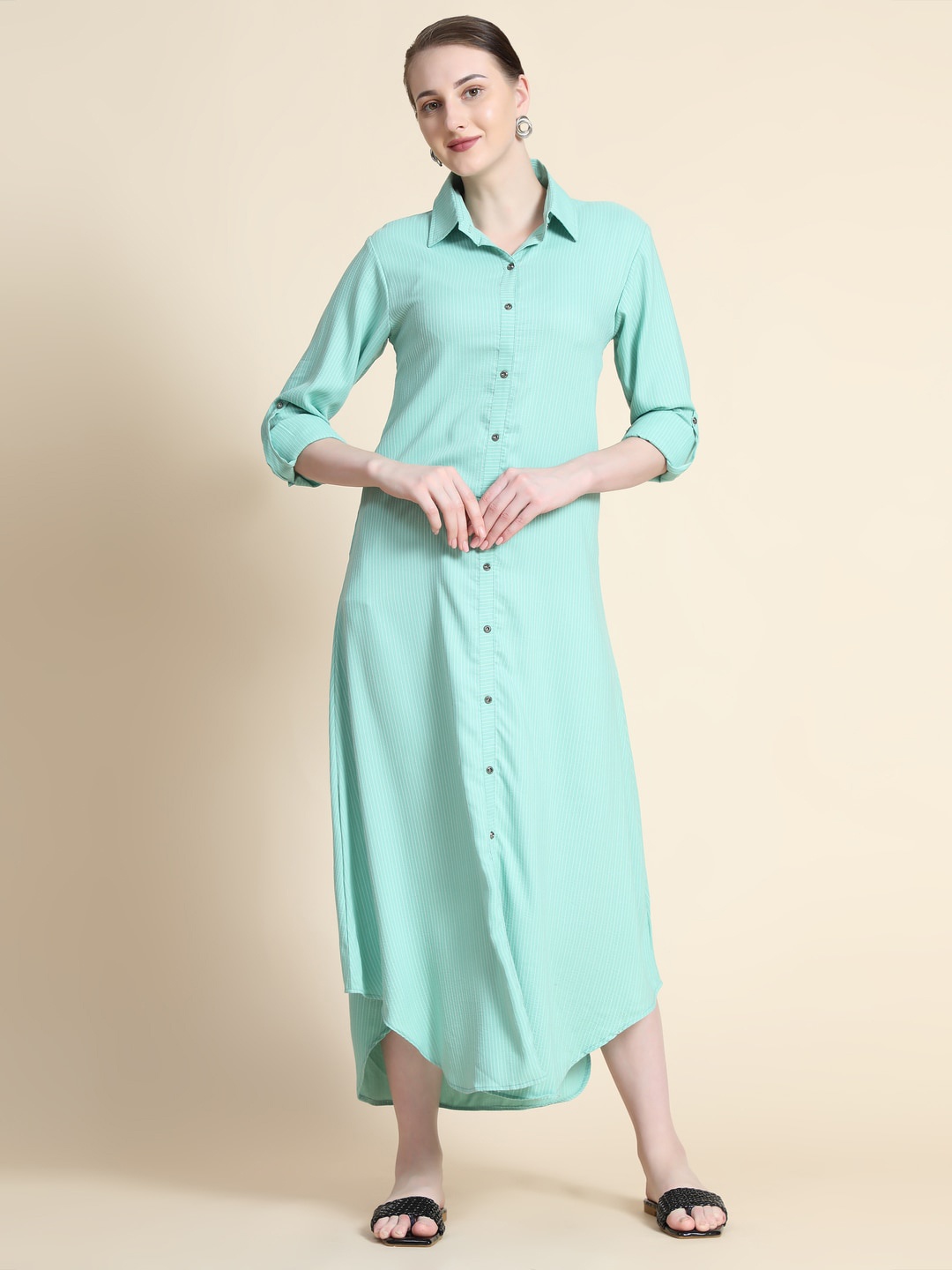 

Rudraaksha Creations Striped Roll-Up Sleeves Shirt Midi Dress, Sea green