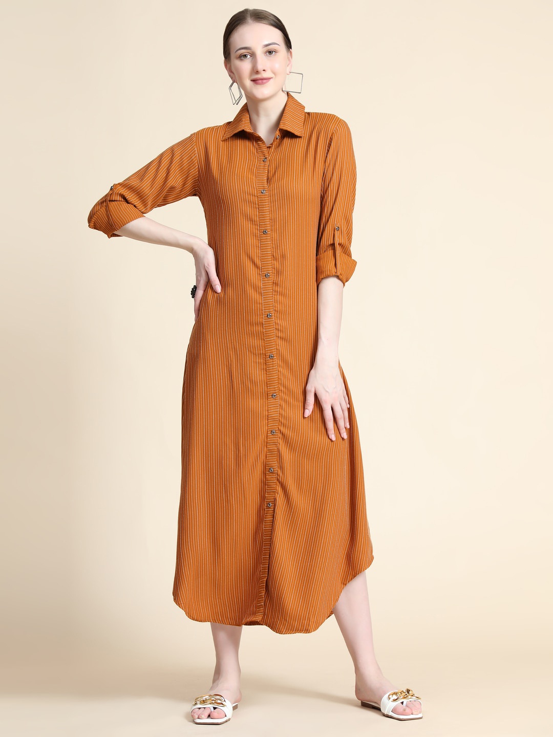 

Rudraaksha Creations Striped Roll-Up Sleeves Shirt Midi Dress, Rust