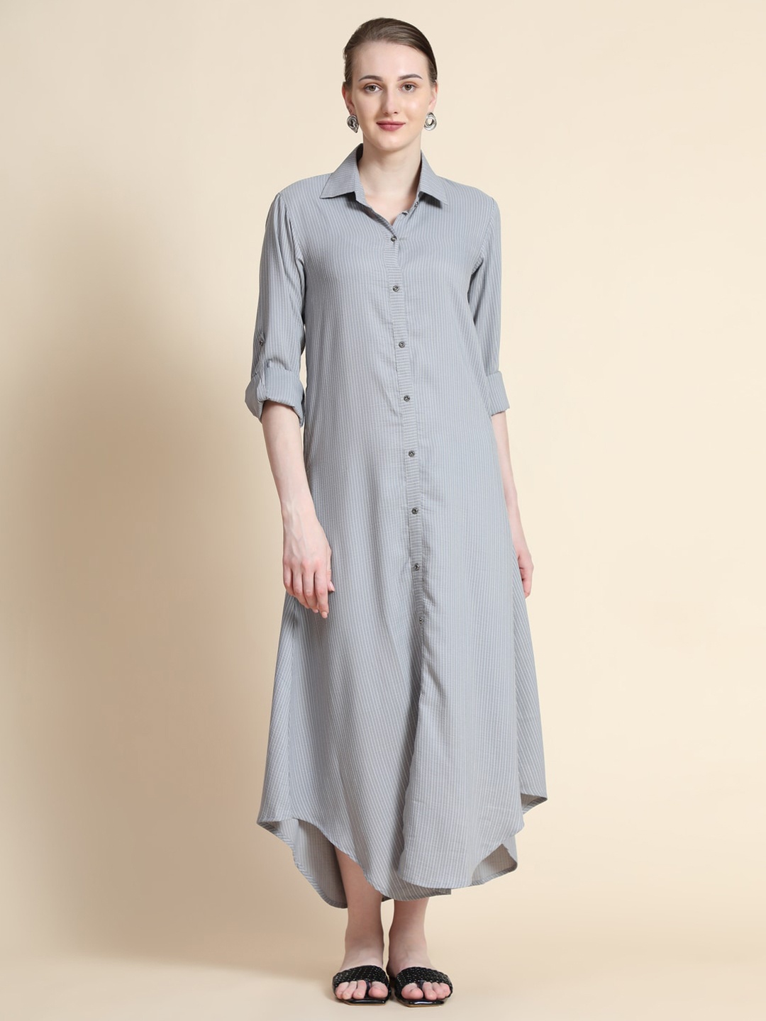 

Rudraaksha Creations Striped Roll-Up Sleeves Shirt Midi Dress, Grey